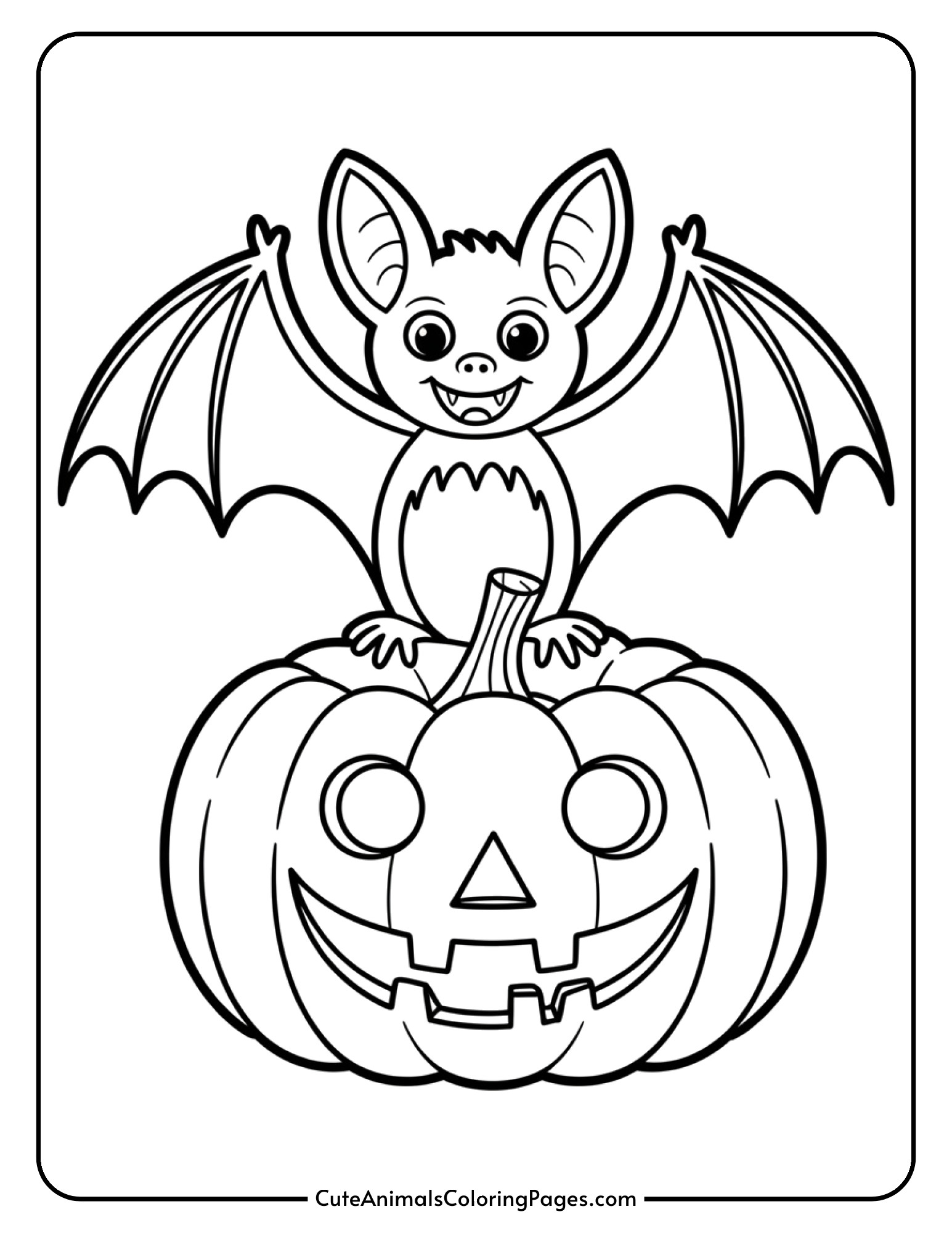A cheerful bat sits beside a carved pumpkin with a jack-o-lantern face.