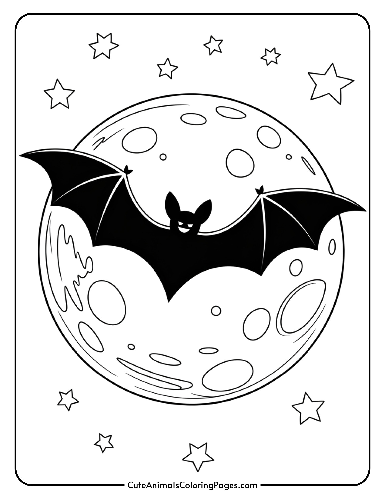 A bat flies in front of a large full moon surrounded by twinkling stars.