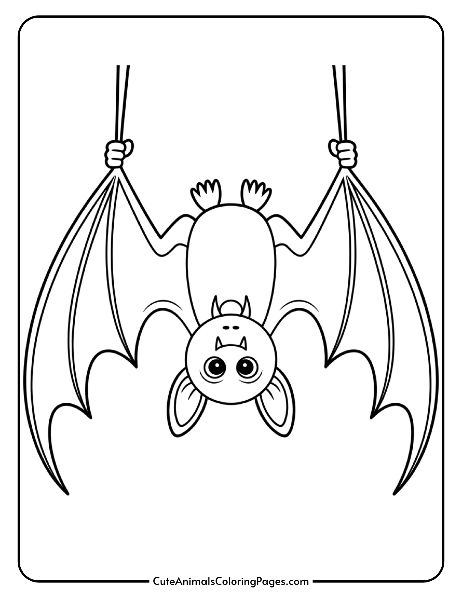 A cartoon bat with tiny fangs and a small cape hangs upside down looking playful.