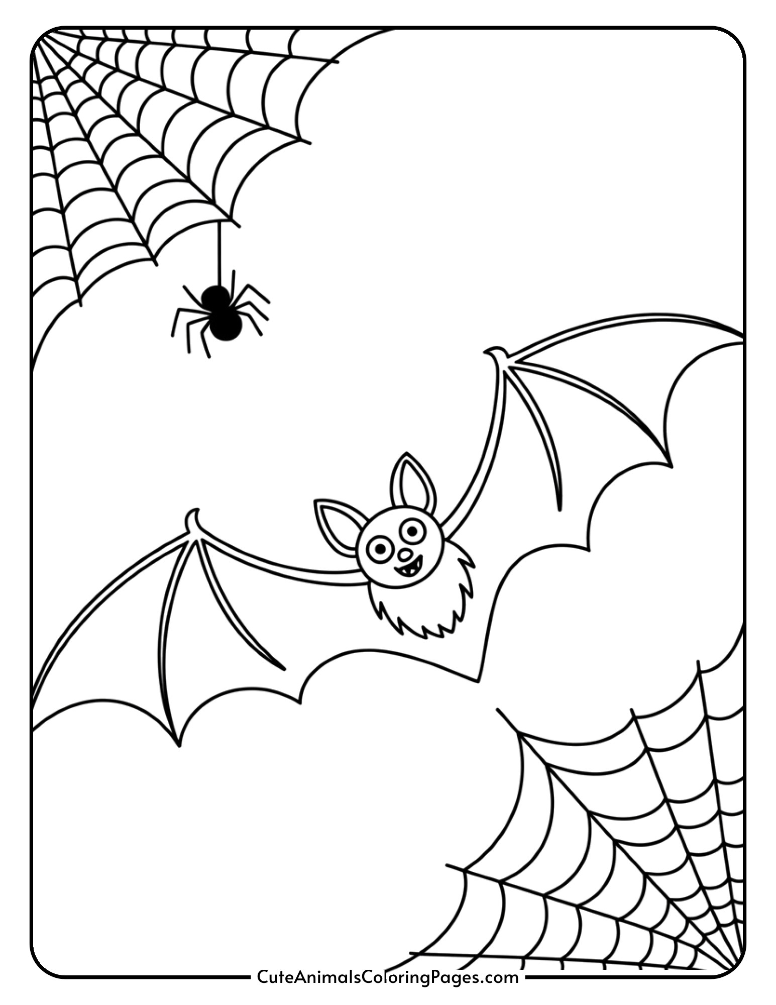A bat flies near an intricate spider web in the corner with a tiny spider sitting on it.