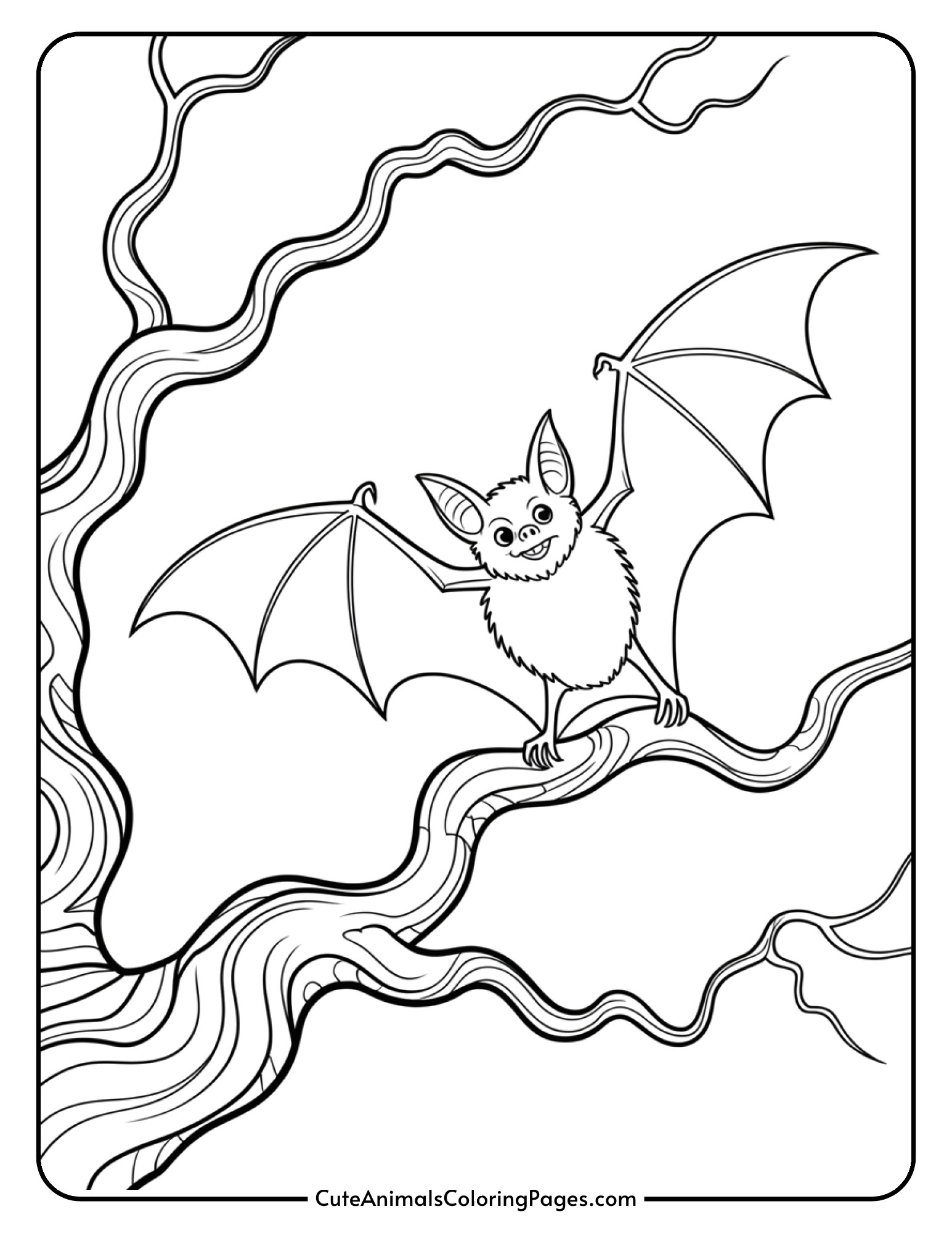 A bat perches on the branch of a spooky twisted tree with bare gnarled limbs.