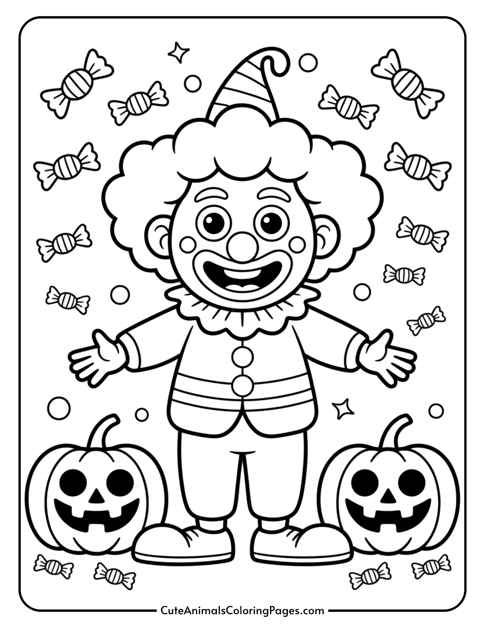 A cheerful clown character dressed in Halloween attire surrounded by pumpkins and treats.