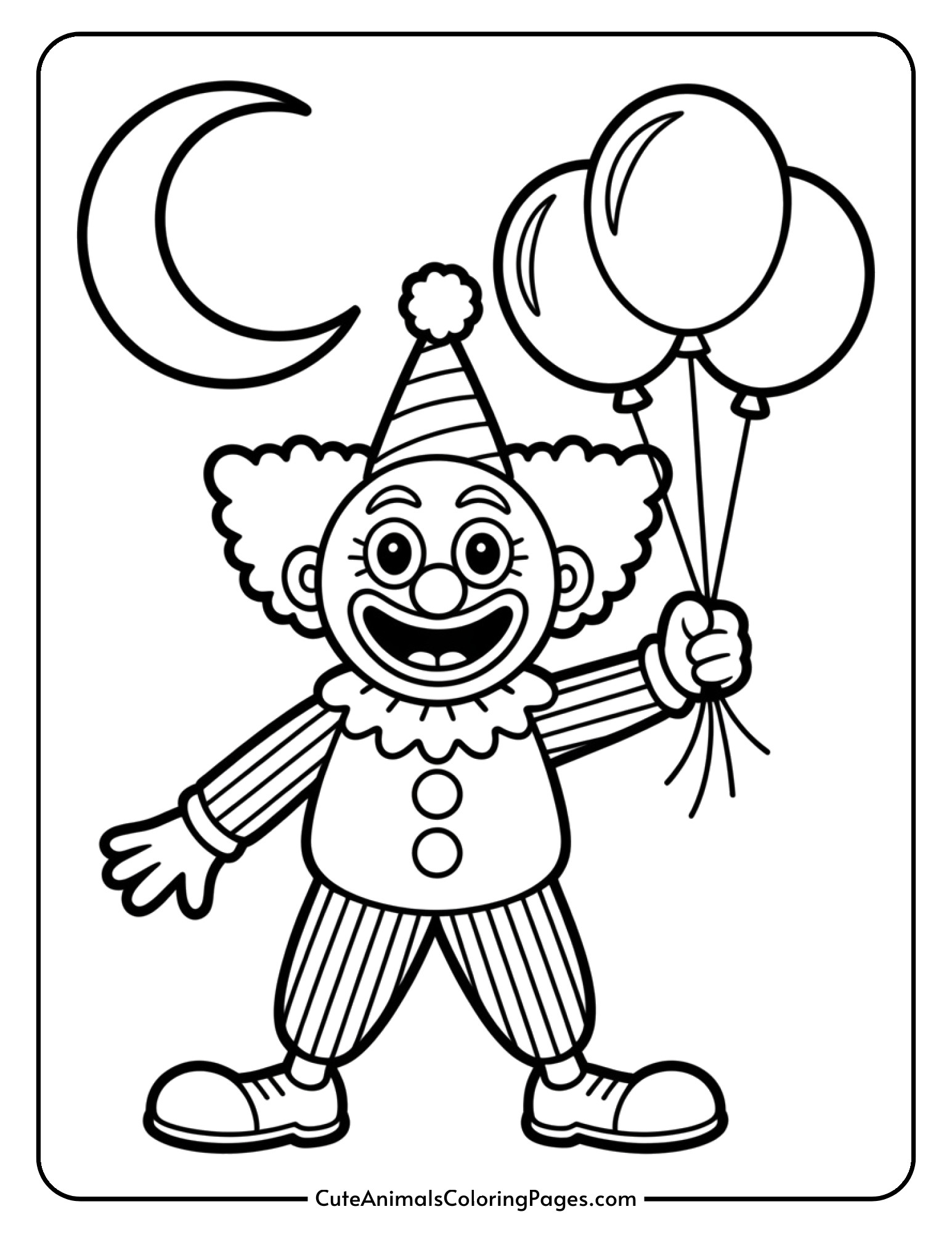 A circus clown with dramatic makeup holding balloons beneath a nighttime moon.