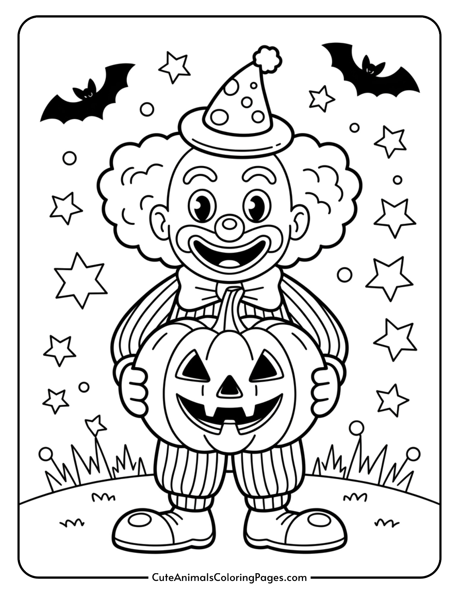 A clown figure holding a jack-o'-lantern with Halloween decorations in the background.