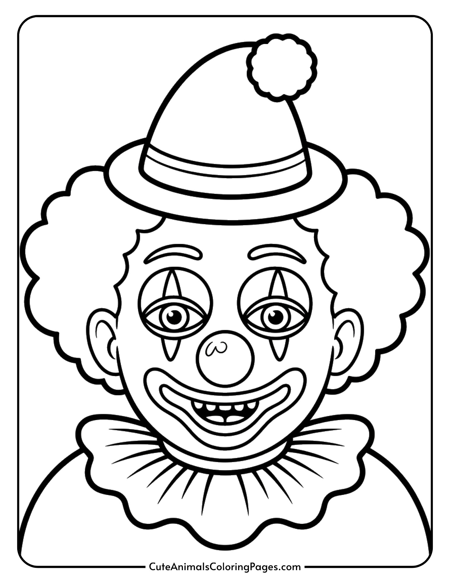 A detailed clown face featuring Halloween-themed makeup and a festive hat.