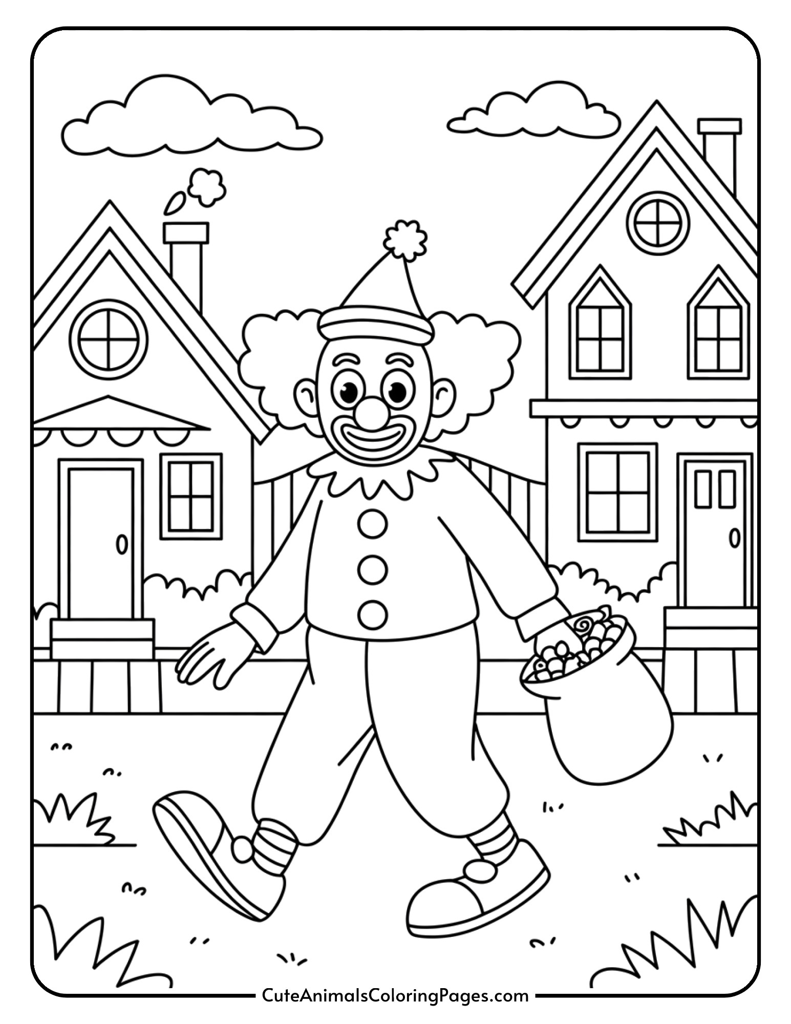 A clown character dressed for trick-or-treating with a candy bag near decorated houses.