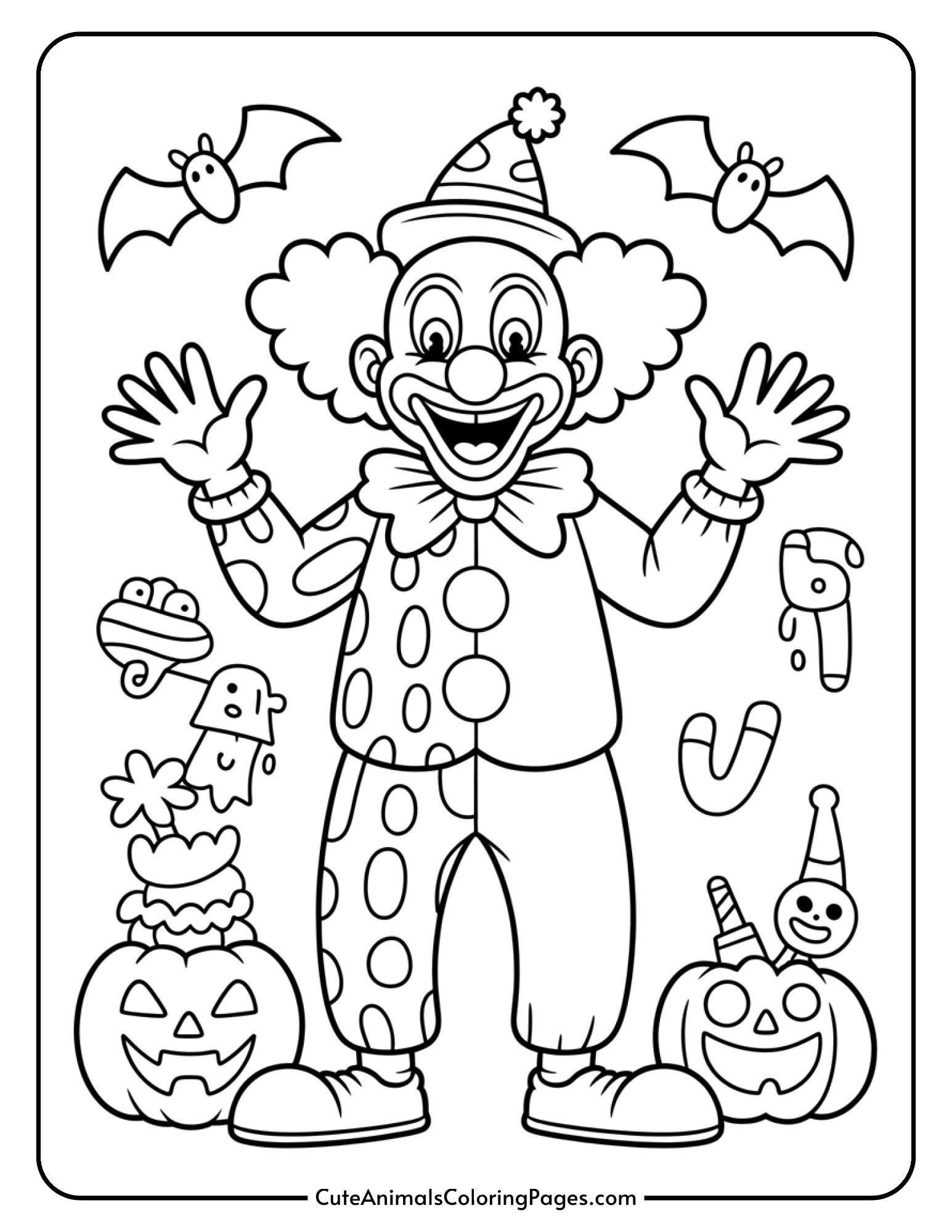 A playful clown making silly expressions while surrounded by Halloween props.