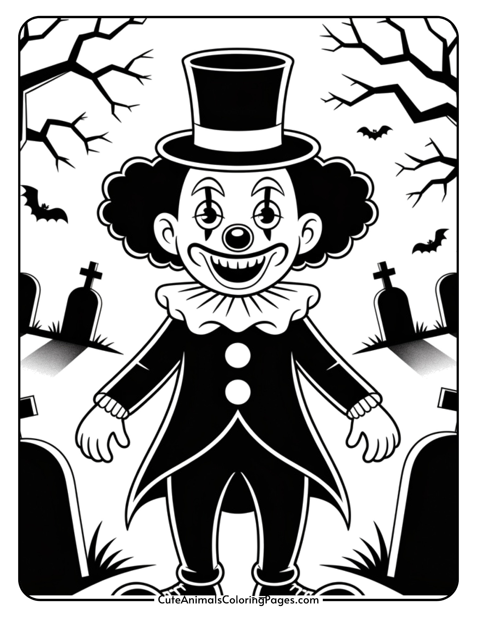 A mysterious clown wearing a top hat positioned in a foggy graveyard scene.