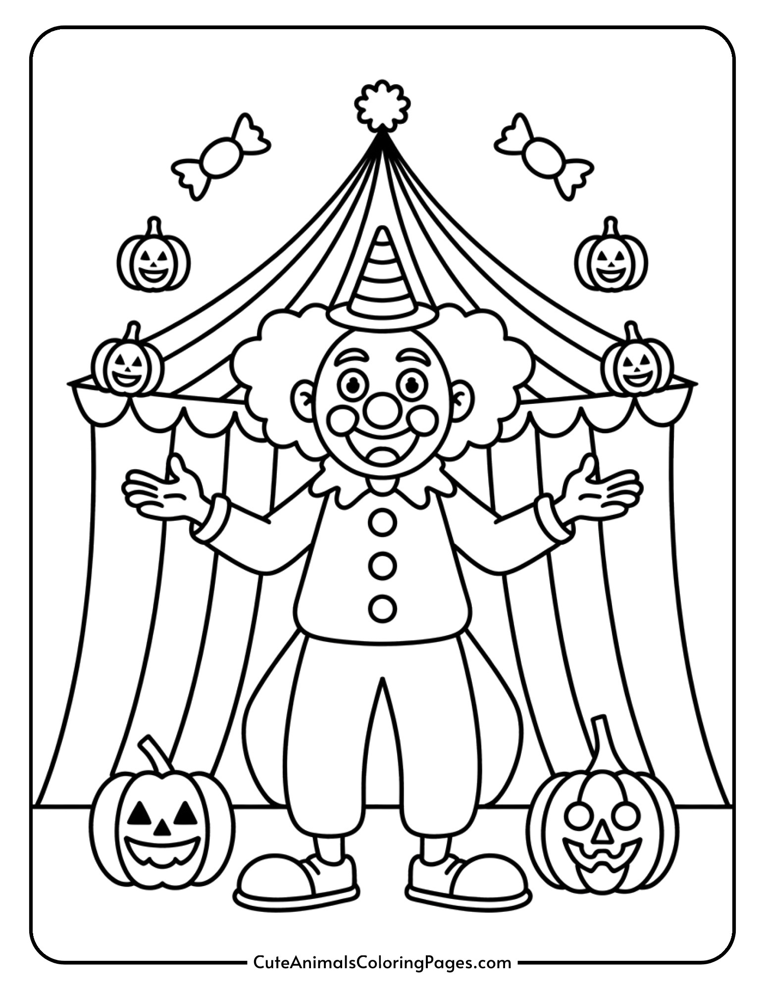 A clown juggling Halloween treats and pumpkins with a circus tent in the background.