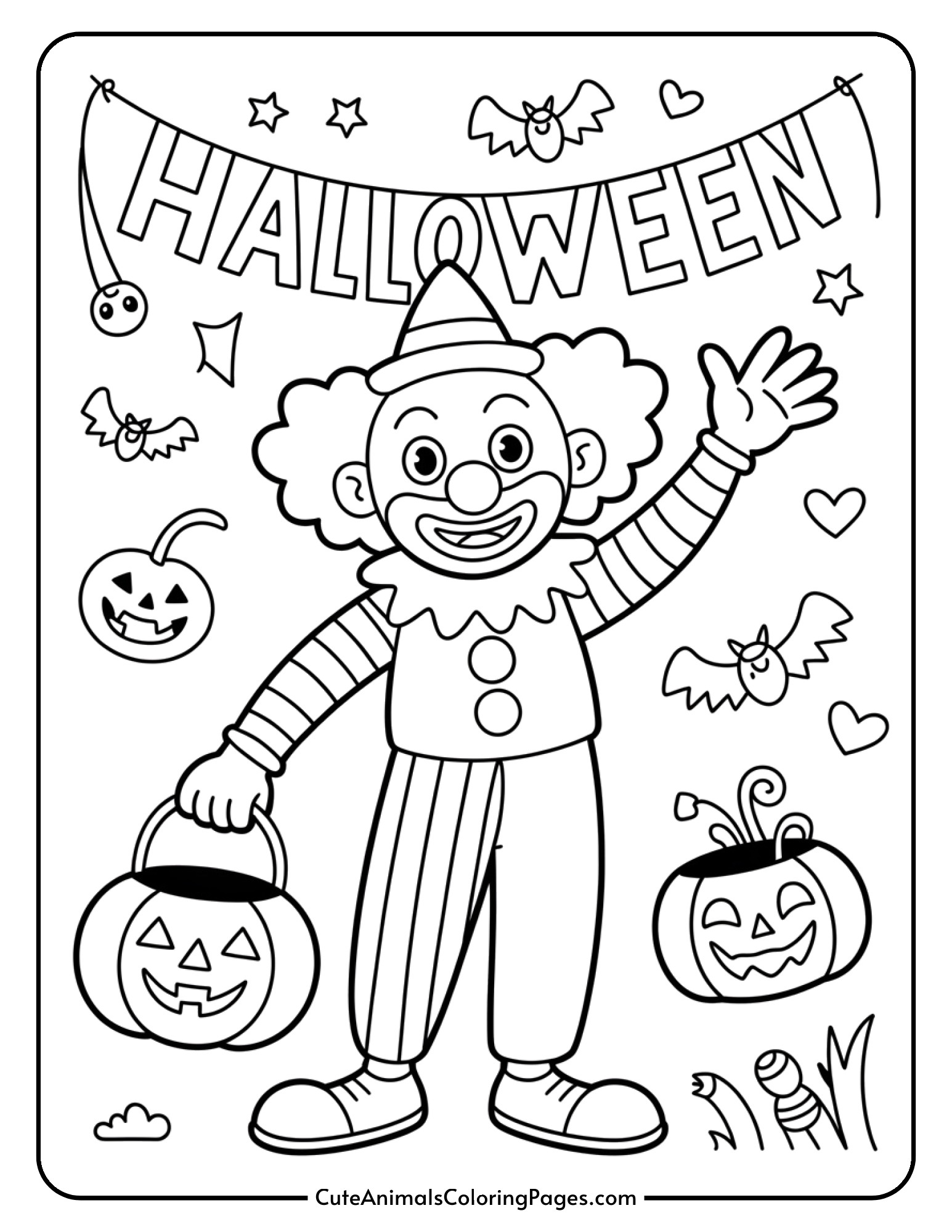 A friendly clown waving hello with a Halloween banner and seasonal decorations nearby.
