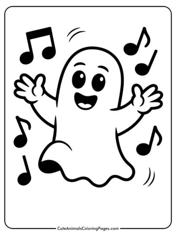 A cheerful ghost dancing with flowing sheet-like body and musical notes surrounding it.