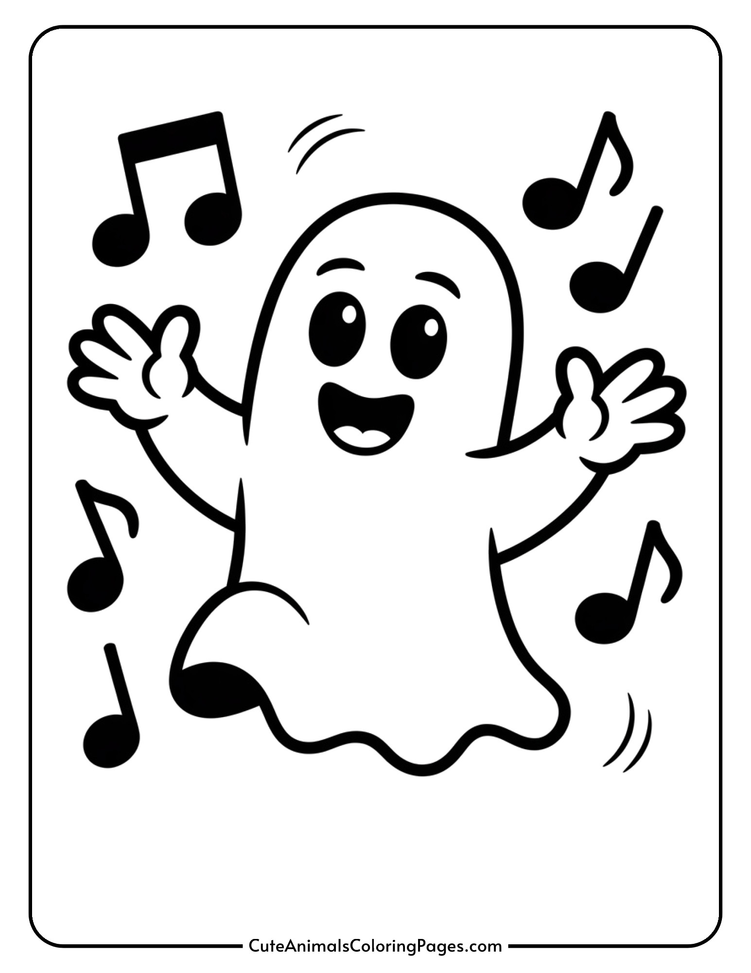 A cheerful ghost dancing with flowing sheet-like body and musical notes surrounding it.