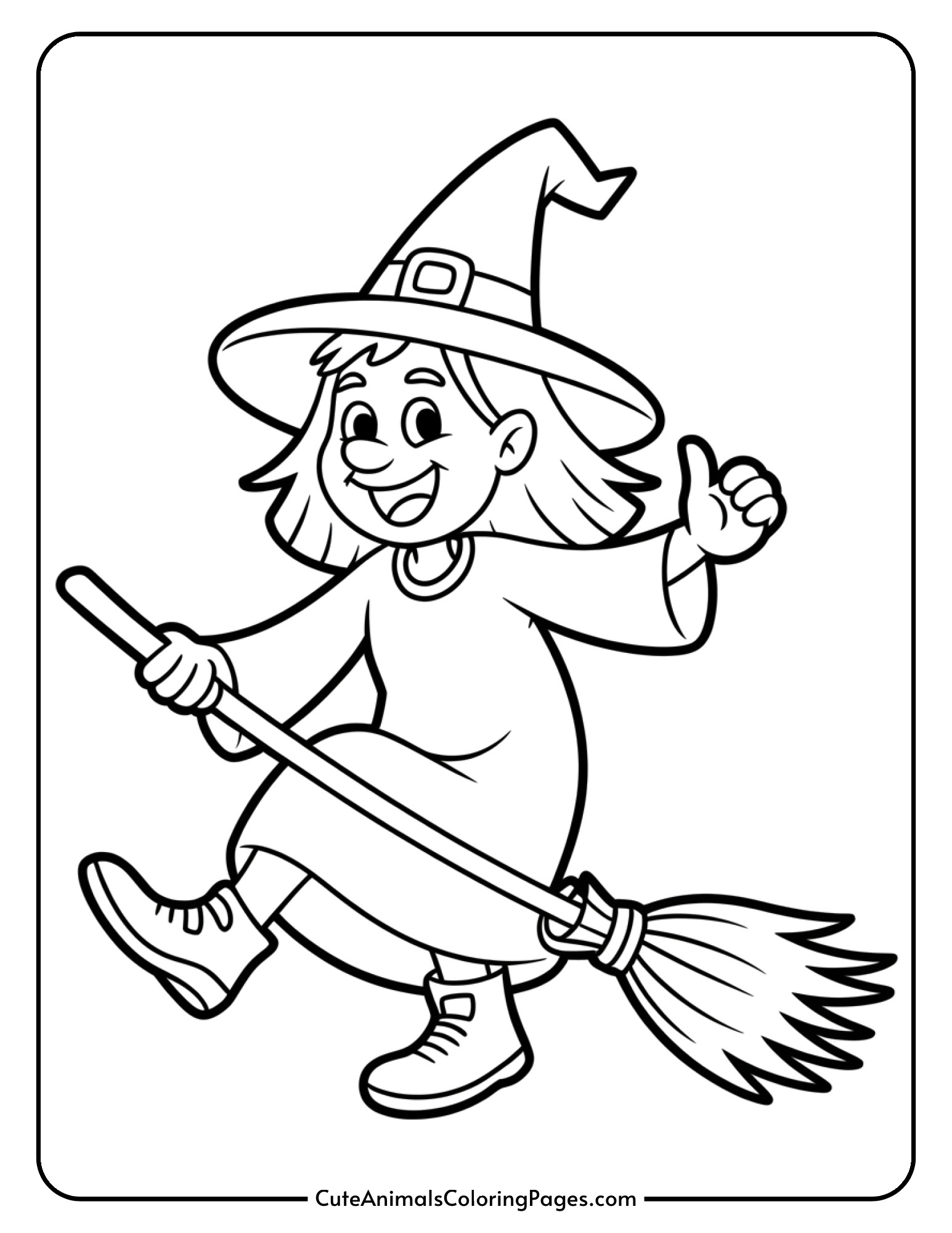 A witch wearing a pointed hat dancing with her broom while her cape swirls around her.
