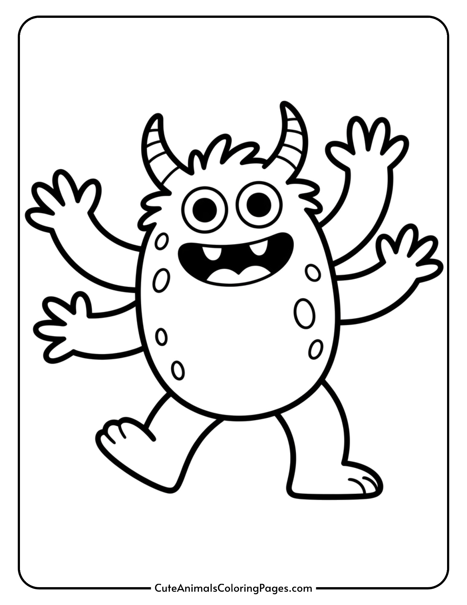A cute monster with fuzzy fur and multiple arms dancing with a big smile on its face.
