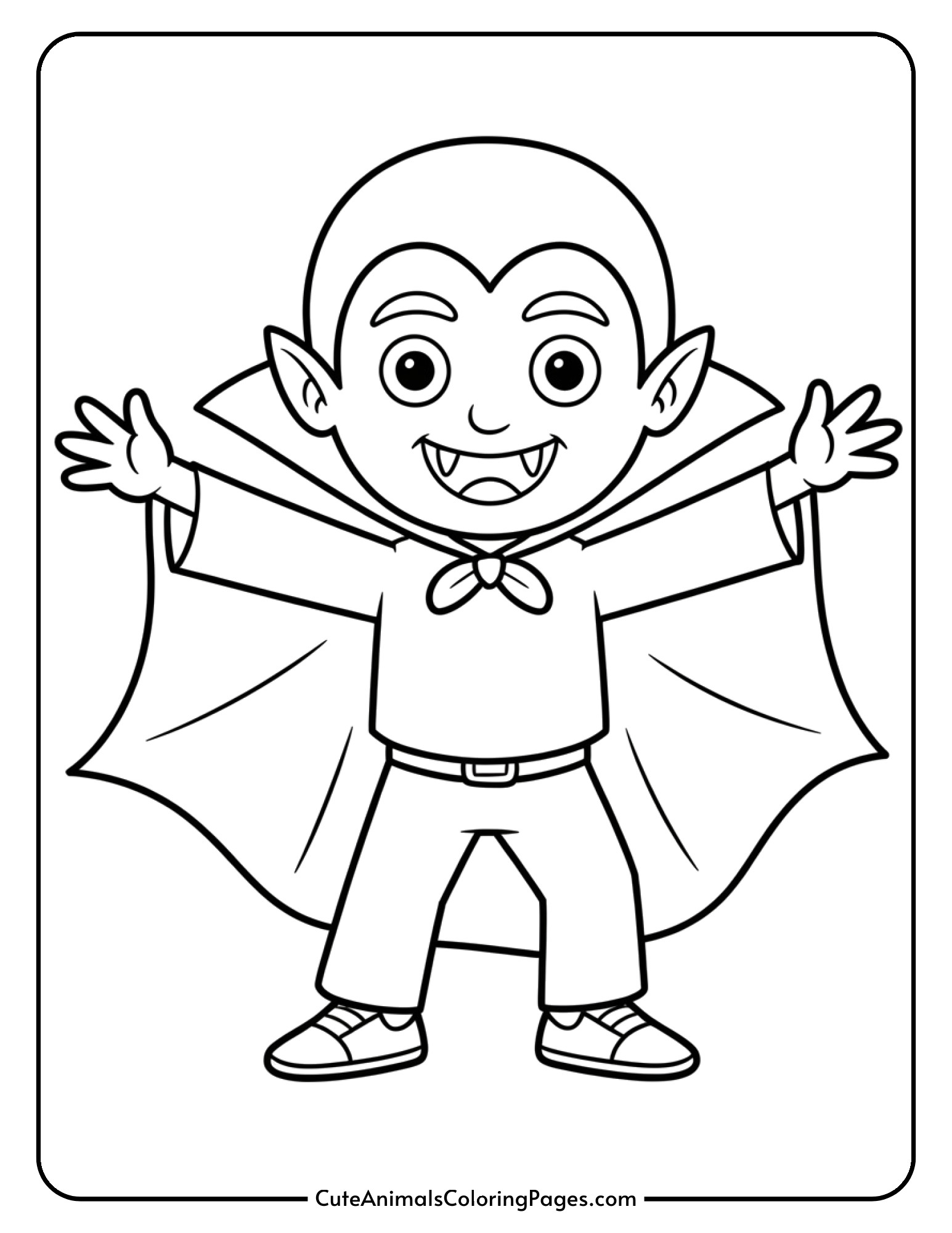 A smiling vampire with a flowing cape captured mid-twirl in a dance move.