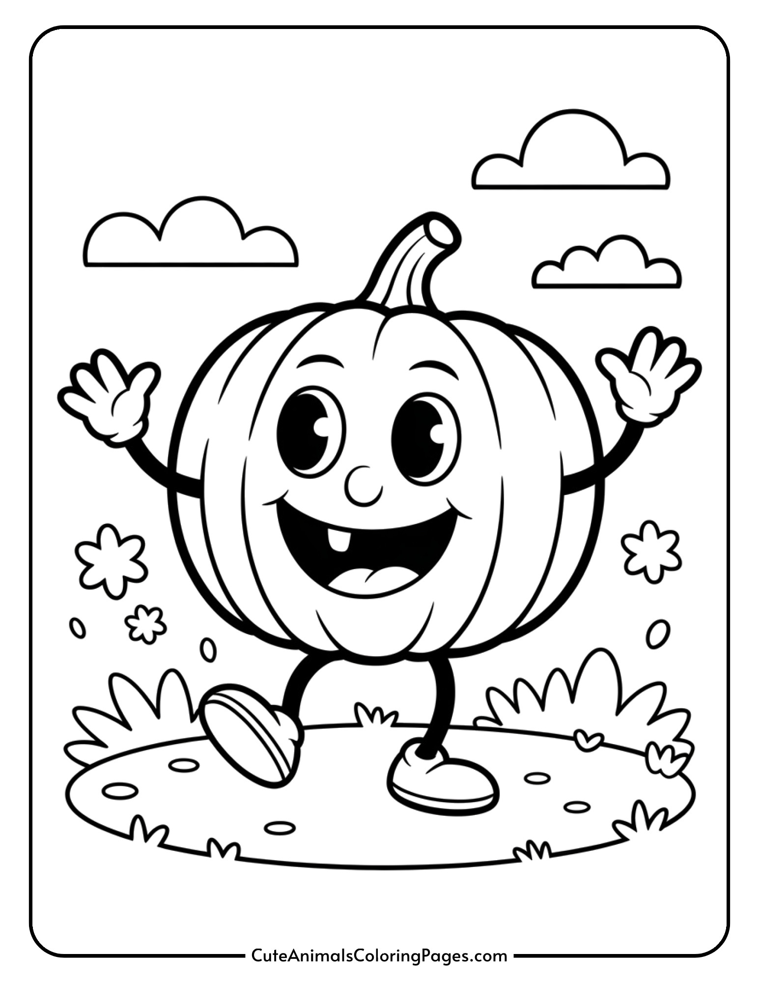 A happy jack-o-lantern with stick arms and legs dancing among pumpkin vines.