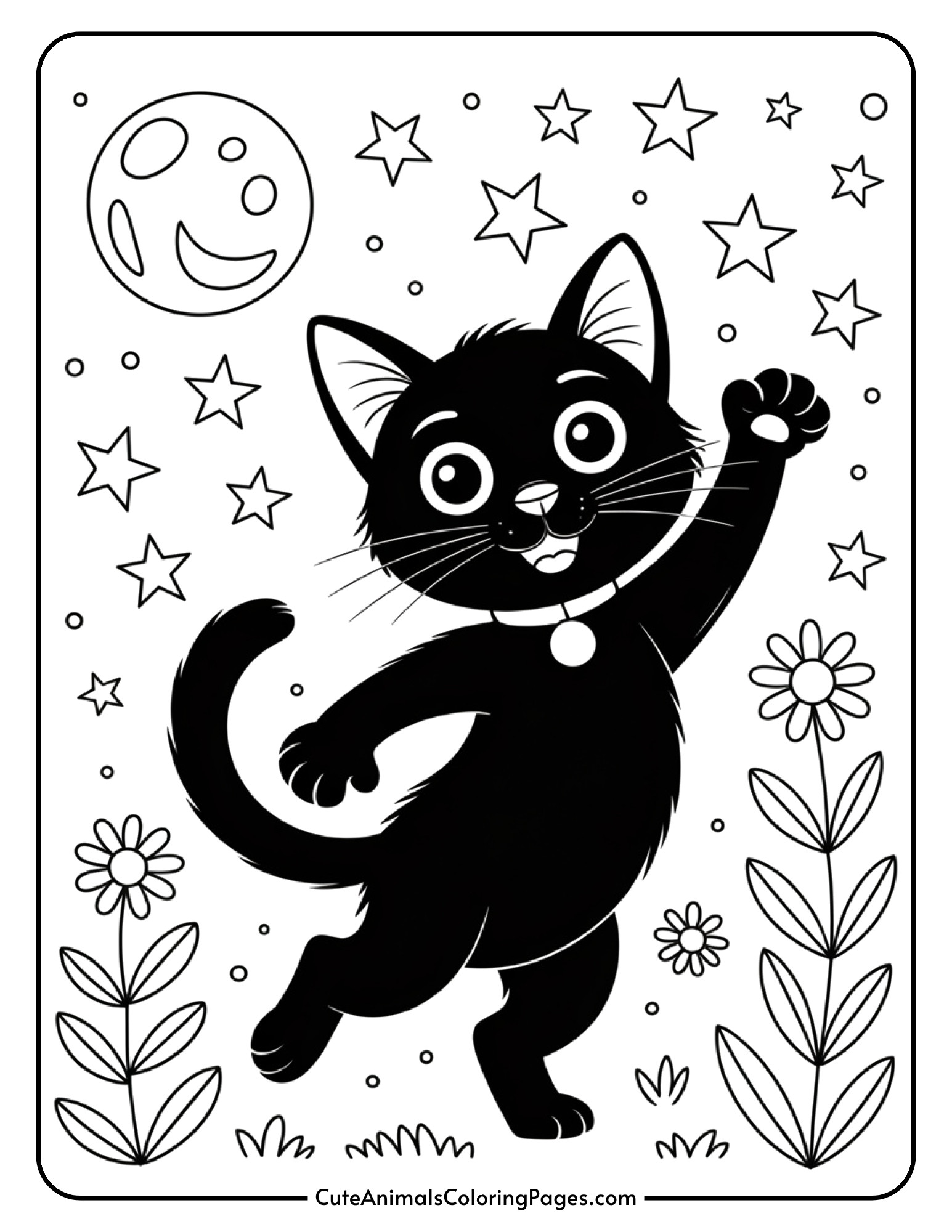 A black cat standing upright and dancing under a large full moon with stars scattered in the sky.
