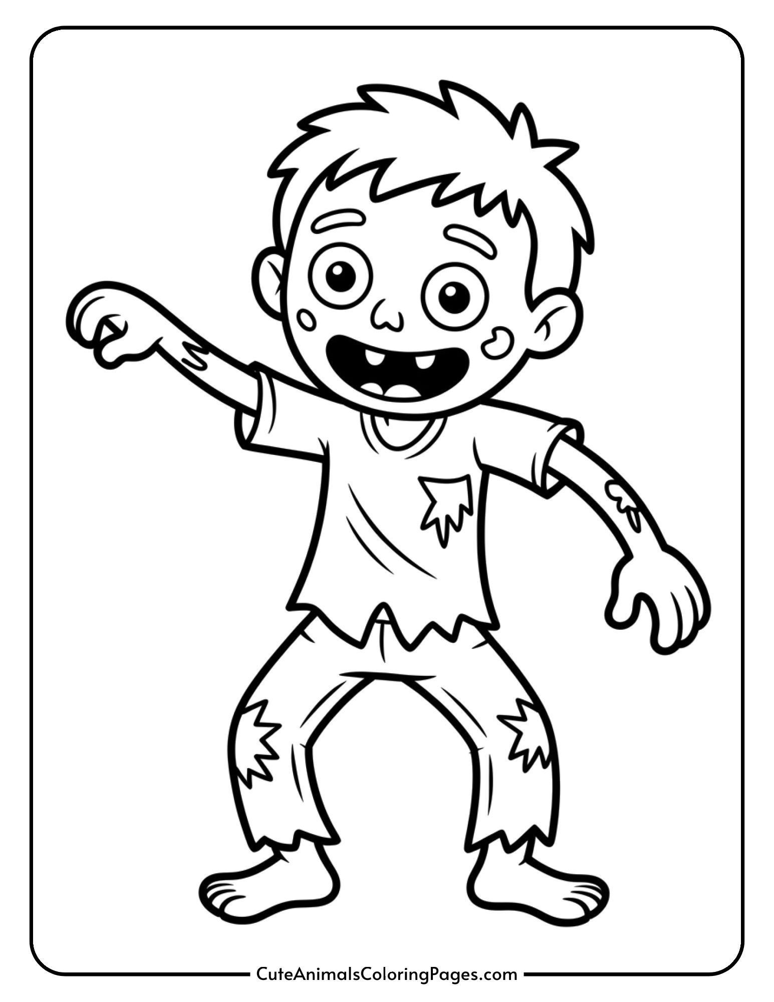A cute zombie character with patched clothes doing a shuffling dance move with a happy face.