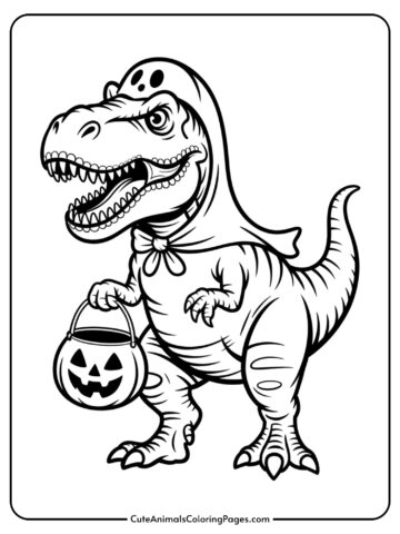 A friendly T-Rex dinosaur dressed as a ghost holding a jack-o-lantern candy bucket.