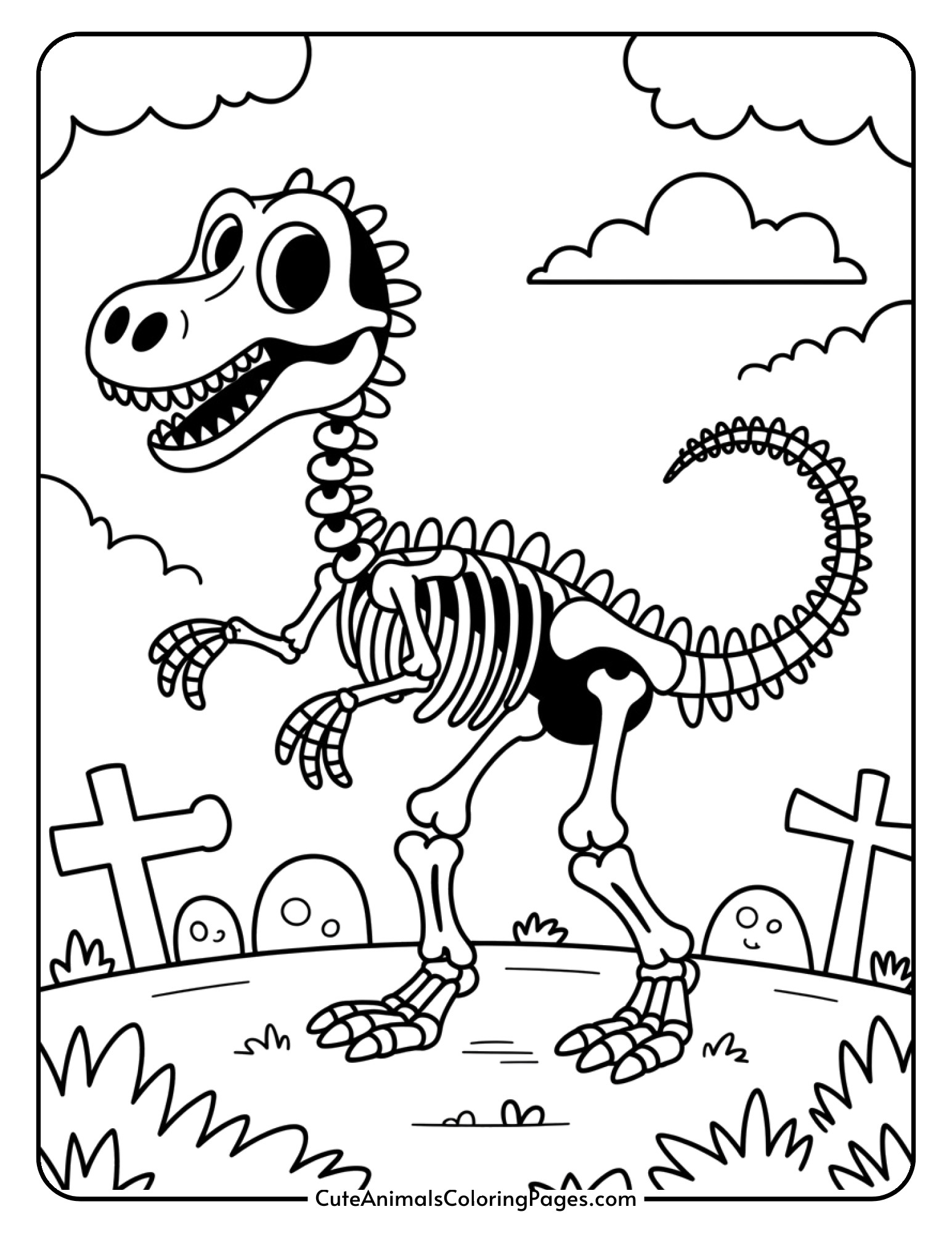 A cheerful dinosaur skeleton with detailed bones standing among tombstones and a full moon.
