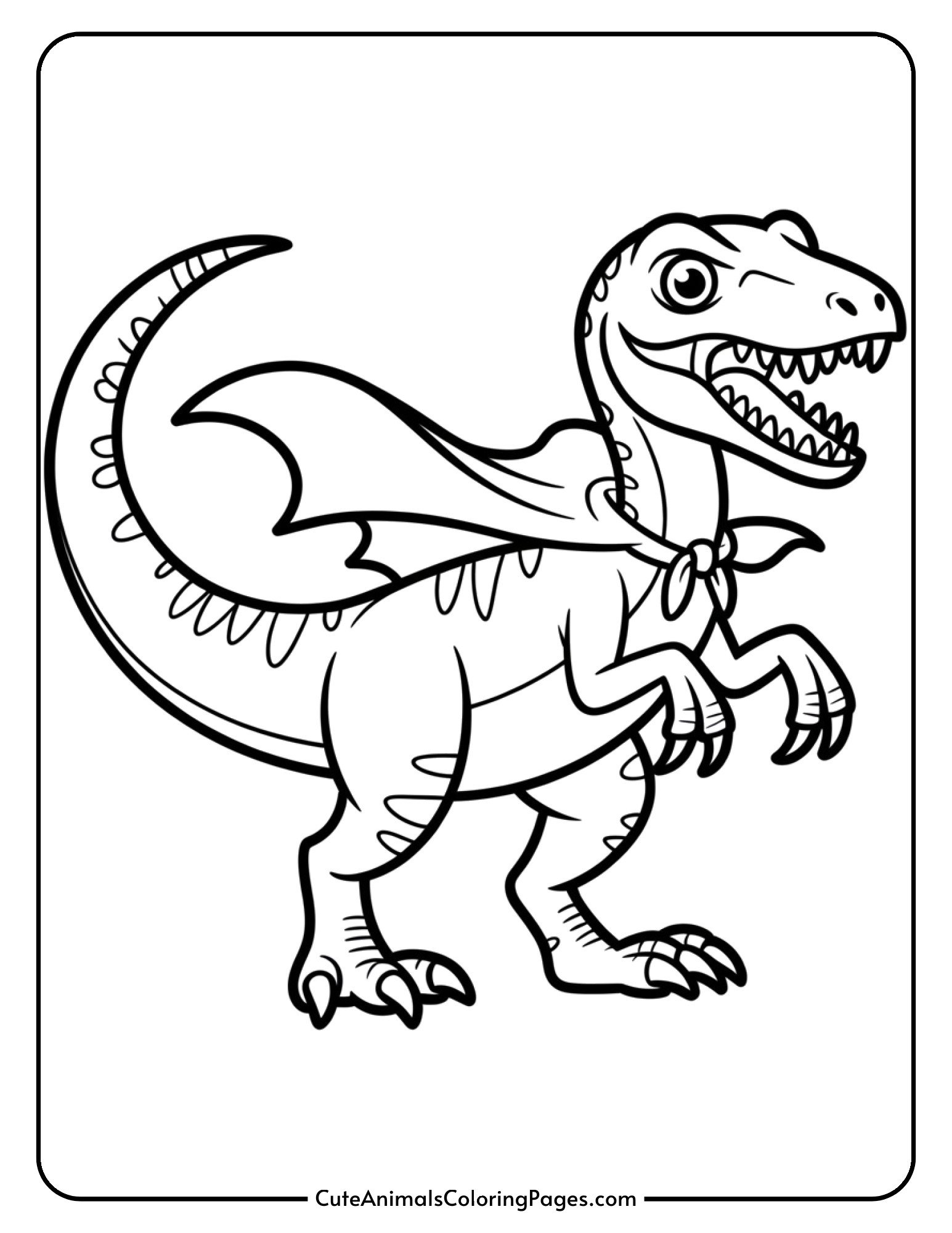 A velociraptor with vampire fangs and a flowing cape ready for Halloween night.