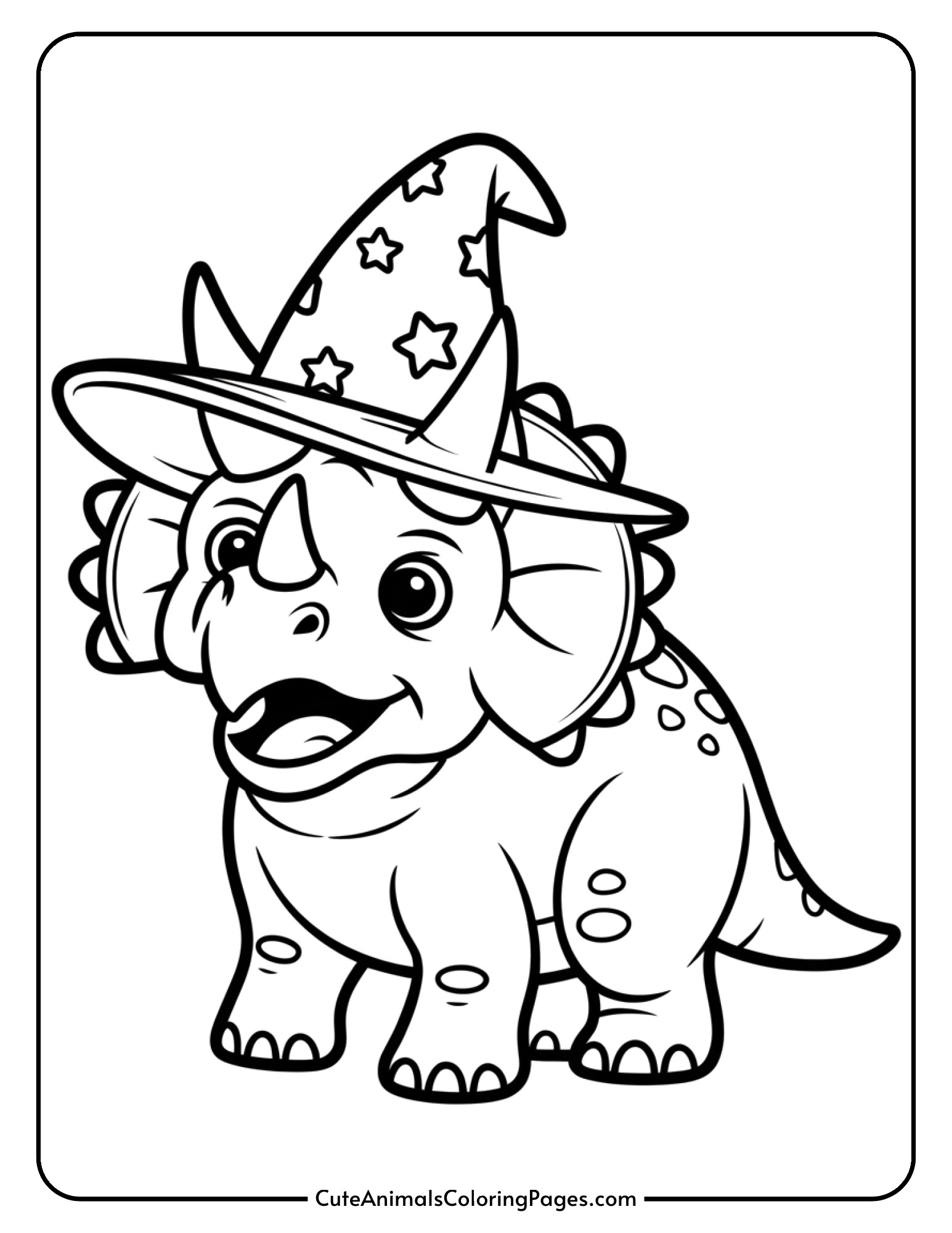 A cheerful triceratops wearing a tall pointed witch hat decorated with stars.