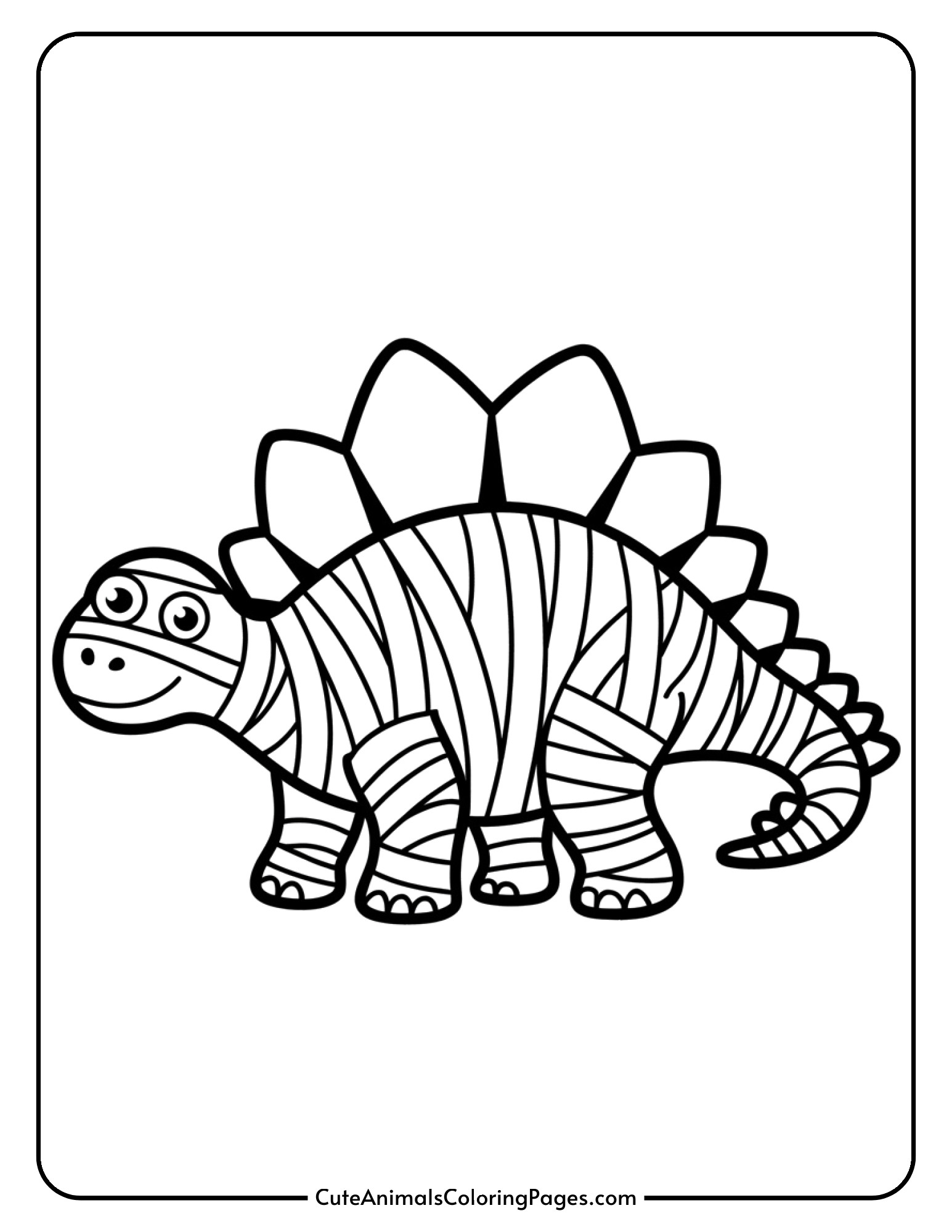 A stegosaurus wrapped in mummy bandages with only its friendly eyes peeking through.
