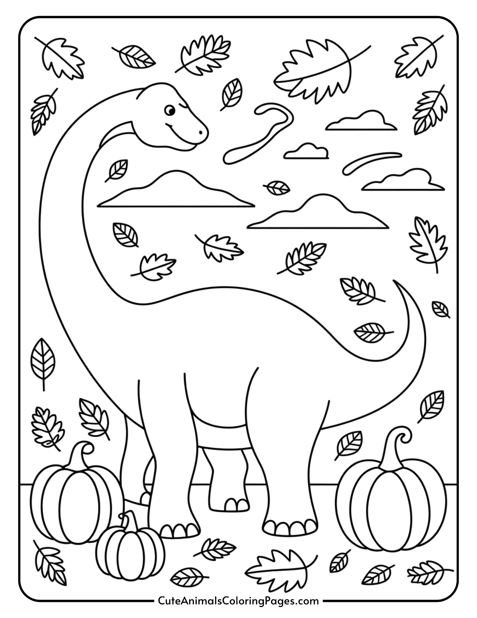 A tall brachiosaurus surrounded by pumpkins and falling autumn leaves in a festive patch.
