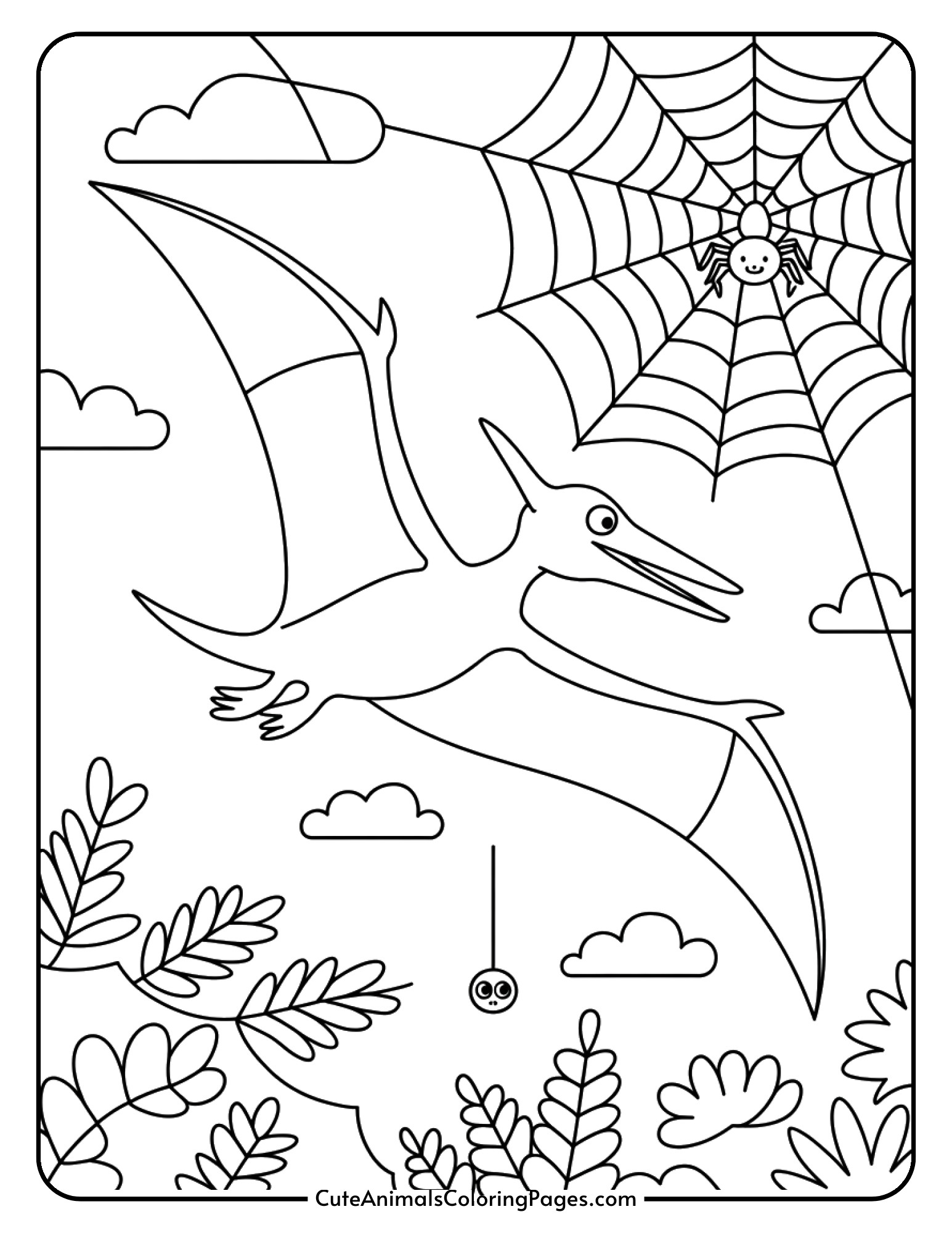 A pterodactyl flying past a detailed spider web with a cute spider hanging nearby.