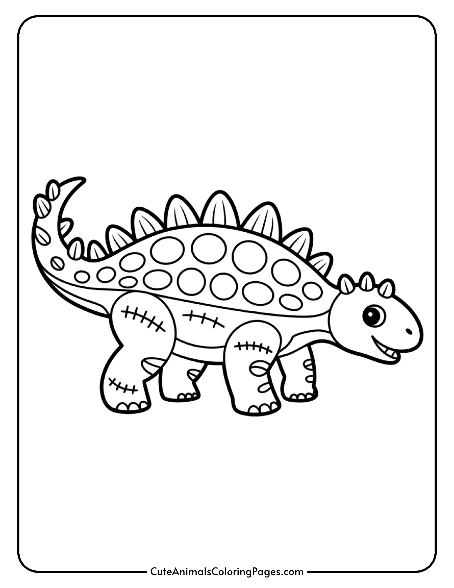An ankylosaurus decorated with Frankenstein-style neck bolts and stitched patches.
