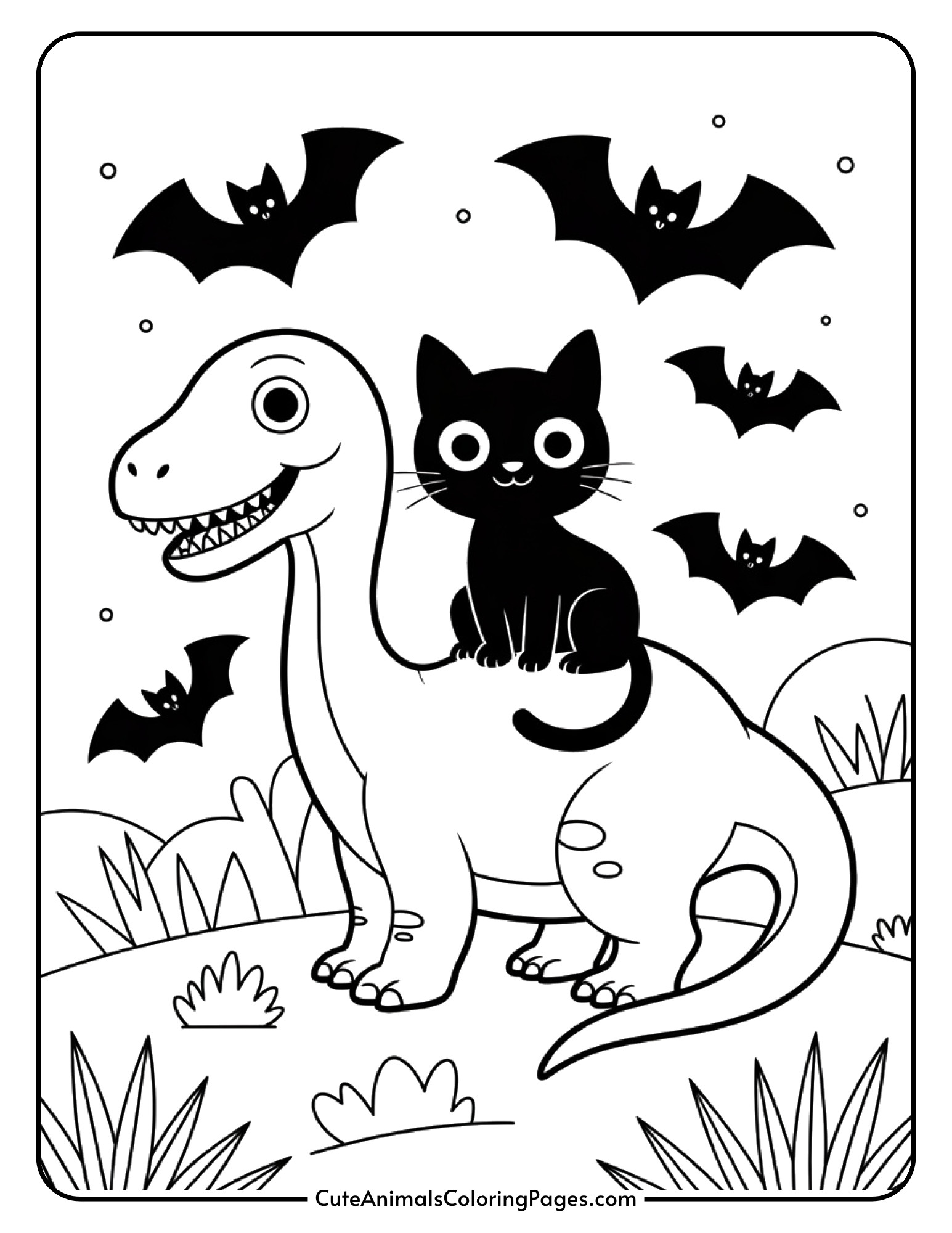 A friendly dinosaur giving a black cat a ride while bats fly overhead.