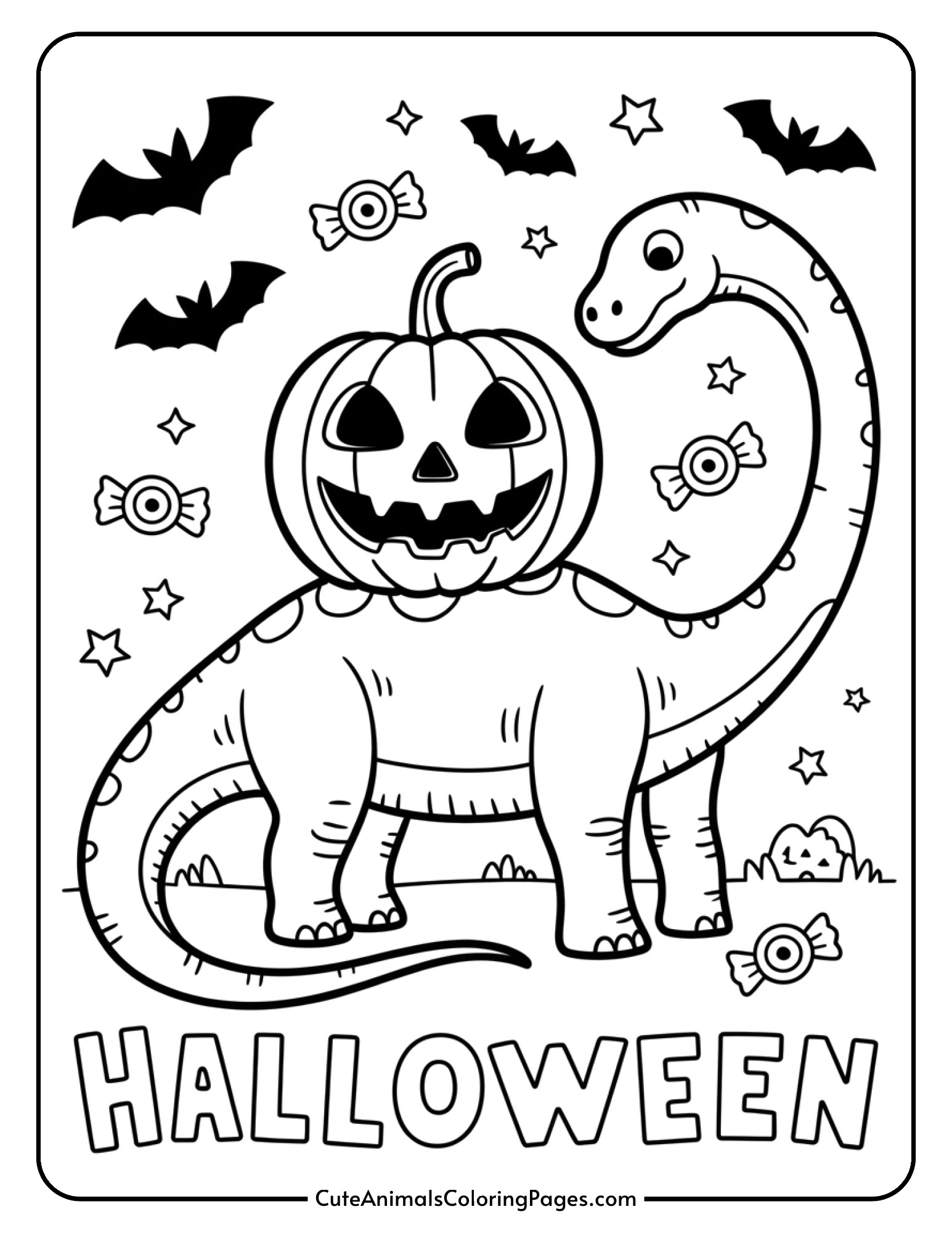 A long-necked diplodocus featuring a carved jack-o-lantern design with scattered Halloween candy.