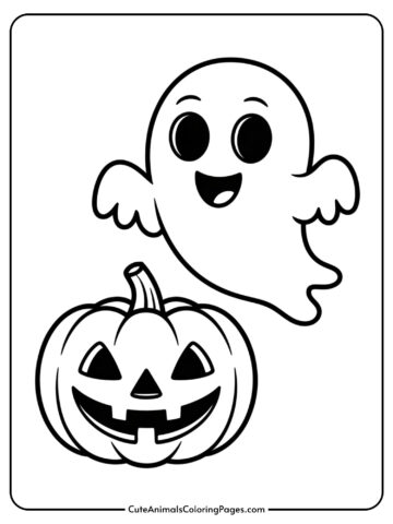 A cheerful ghost with a big smile floats beside a grinning jack-o-lantern.