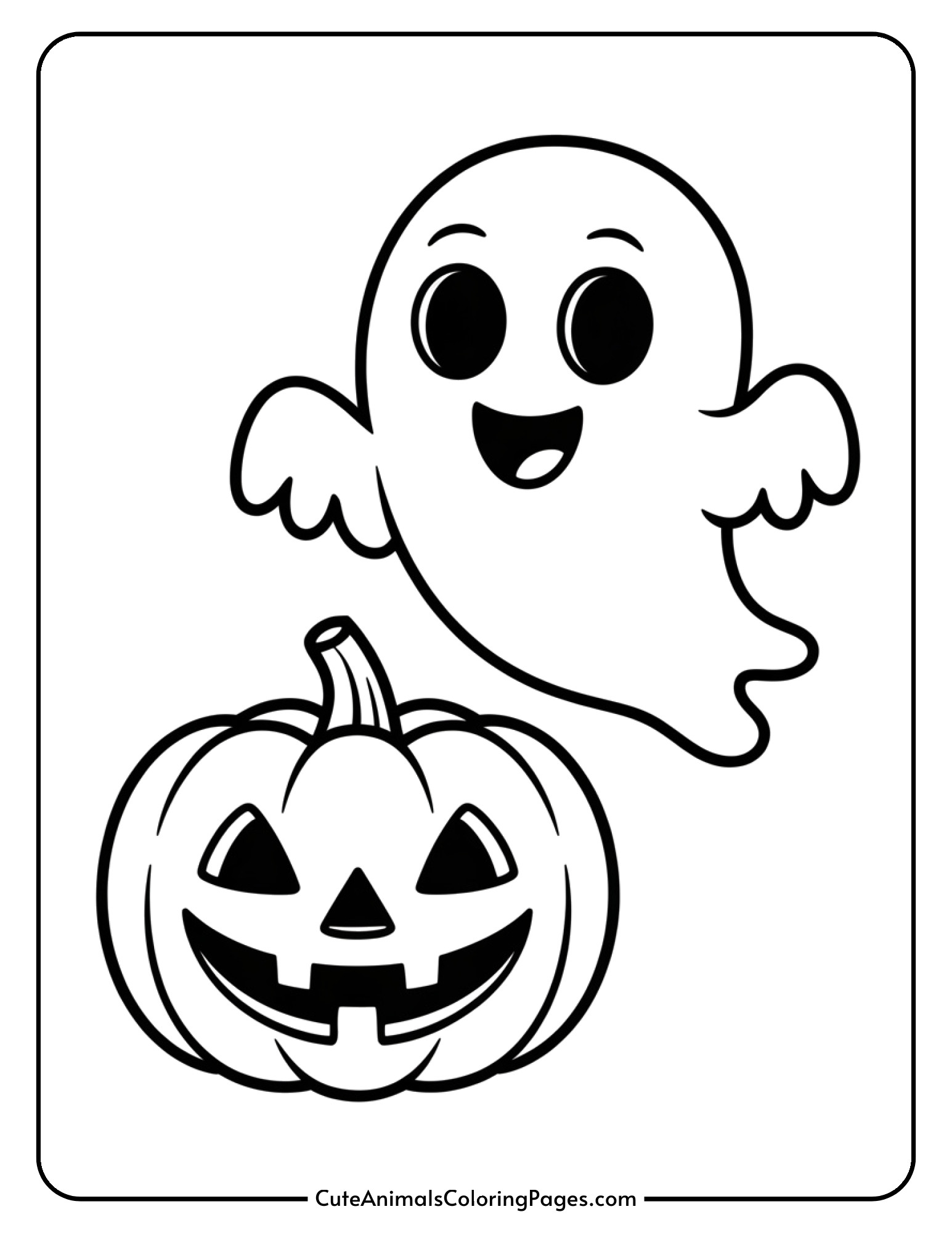 A cheerful ghost with a big smile floats beside a grinning jack-o-lantern.