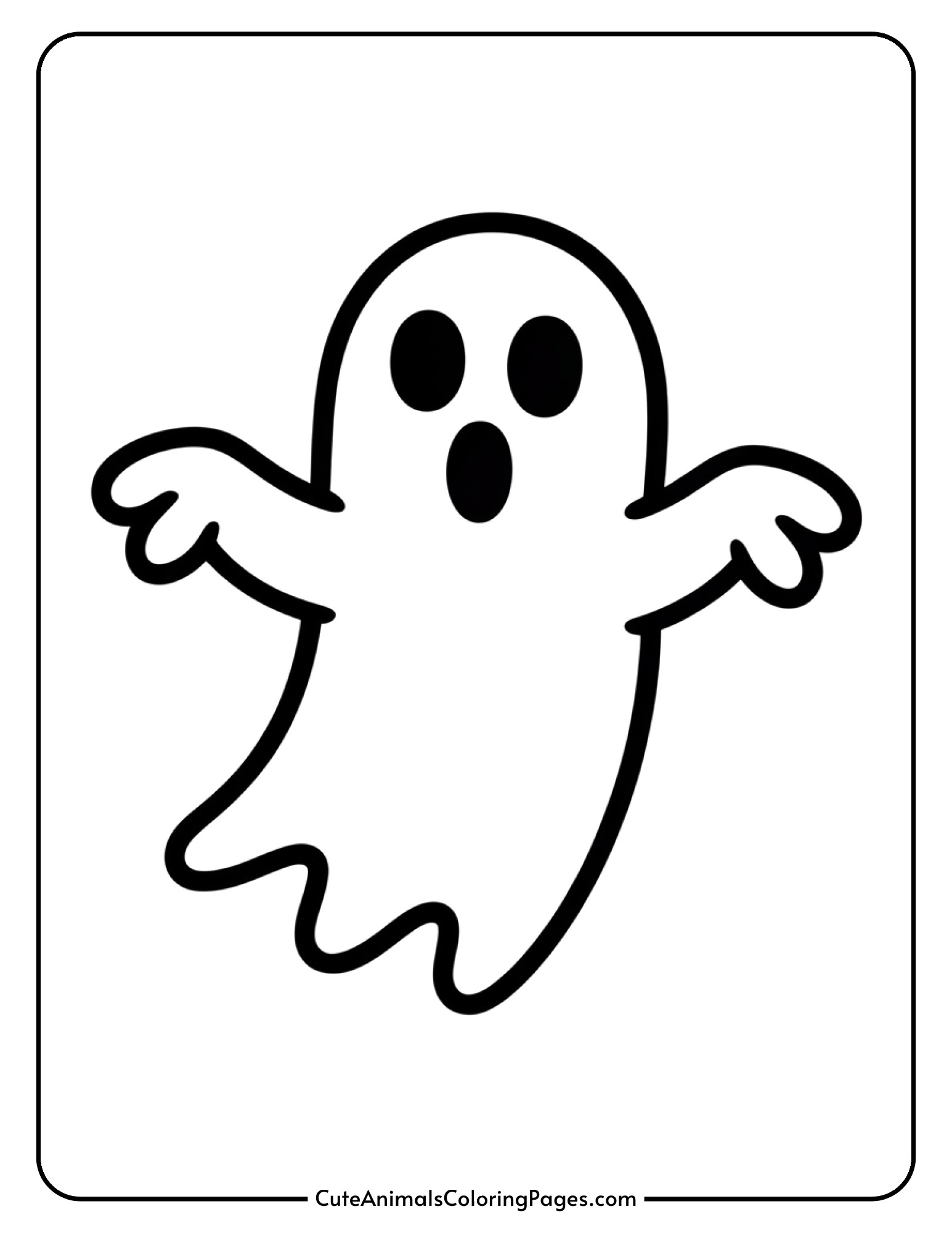 A traditional ghost with a flowing sheet shape and outstretched arms floats in the air.