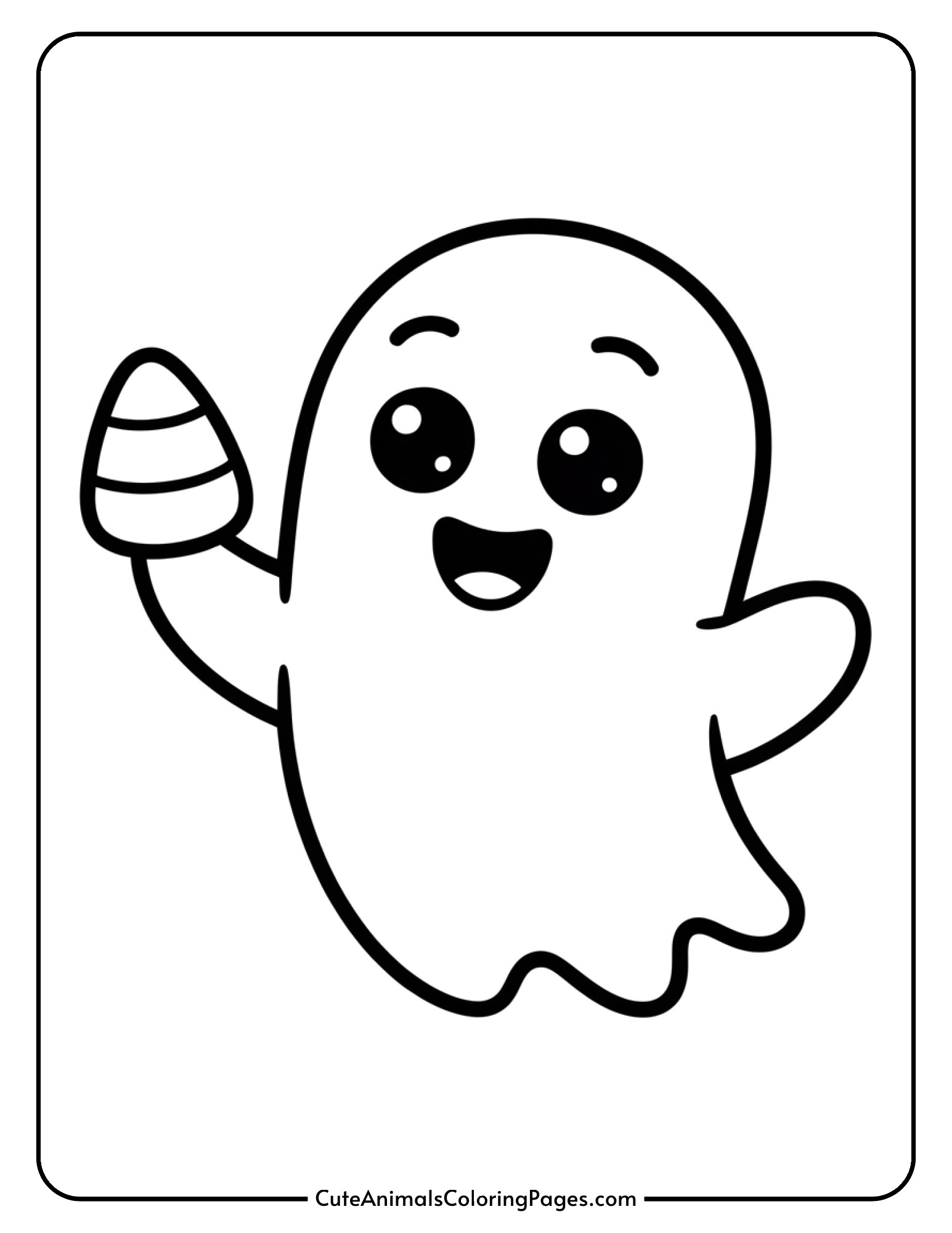 A tiny adorable ghost holds a large piece of candy corn and smiles sweetly.