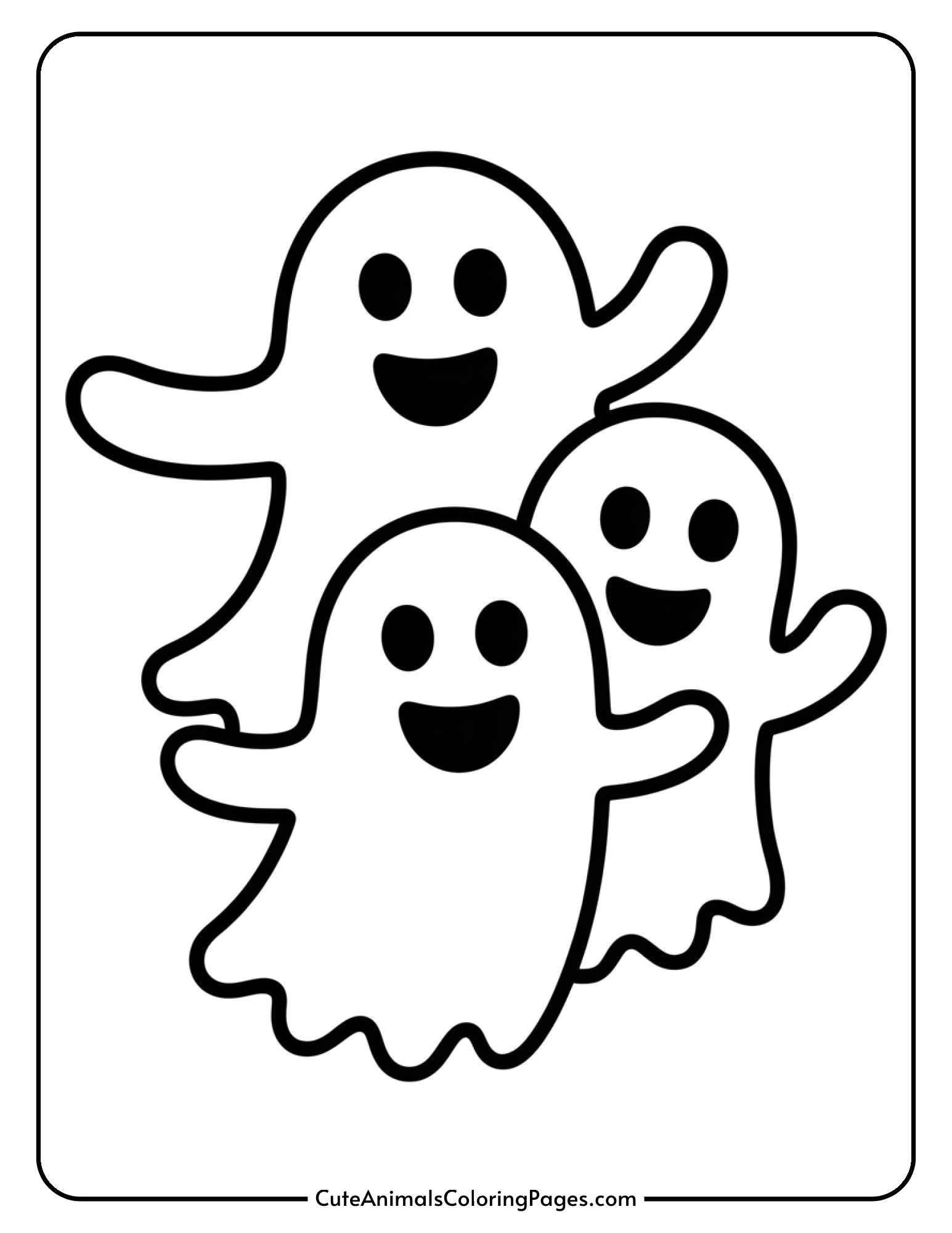 Three ghosts in small, medium, and large sizes float together as a happy ghost family.
