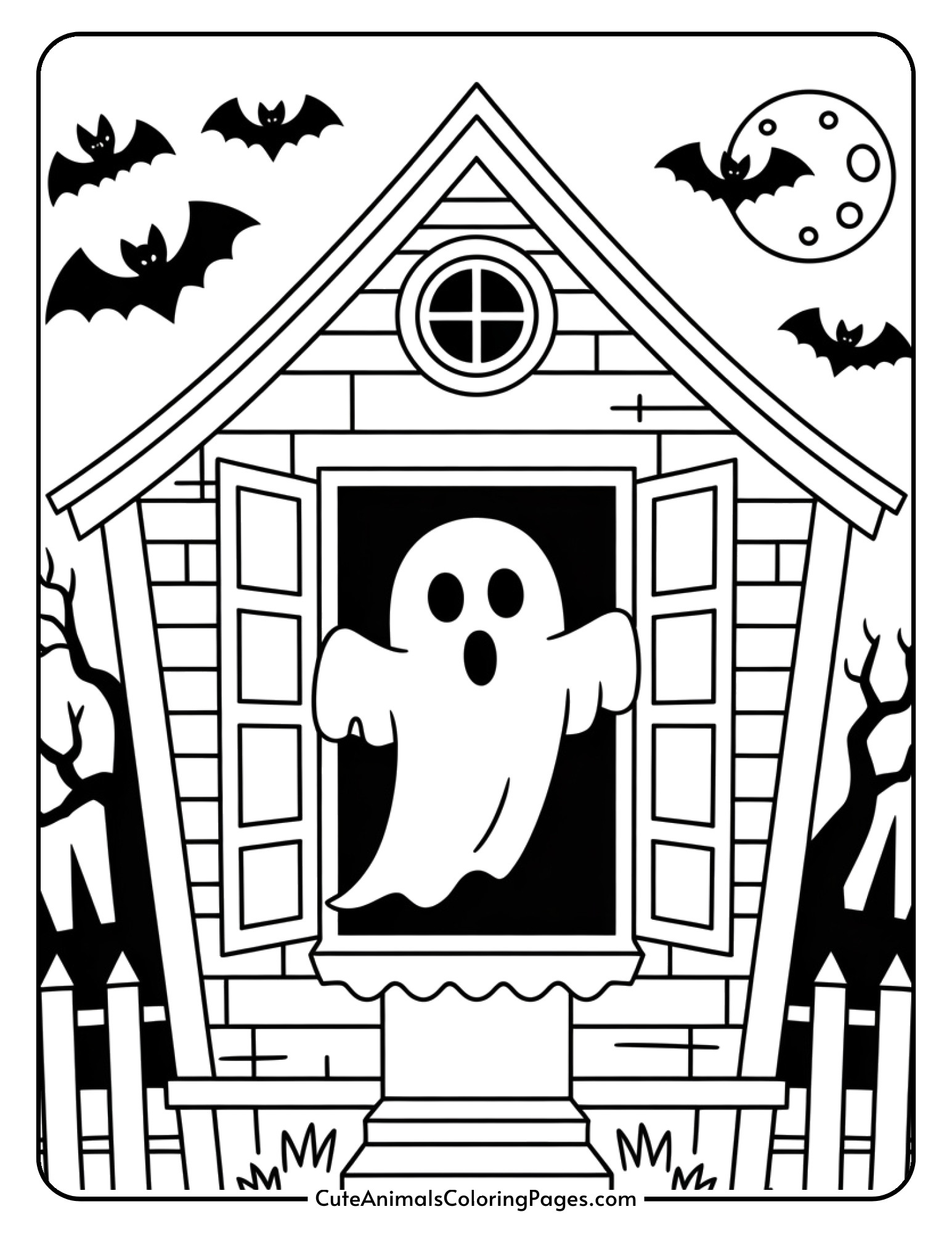 A ghost peeks out from a haunted house window with bats flying under a full moon.