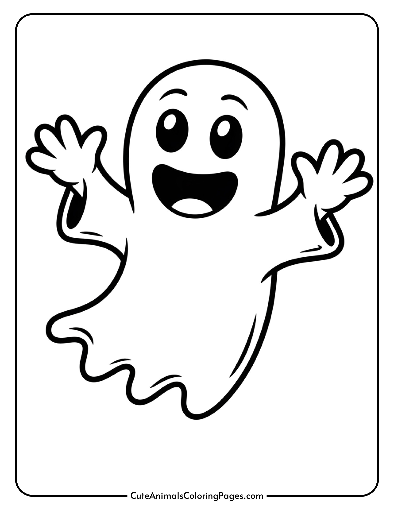 A joyful ghost dances with wavy arms raised and a big laughing smile.