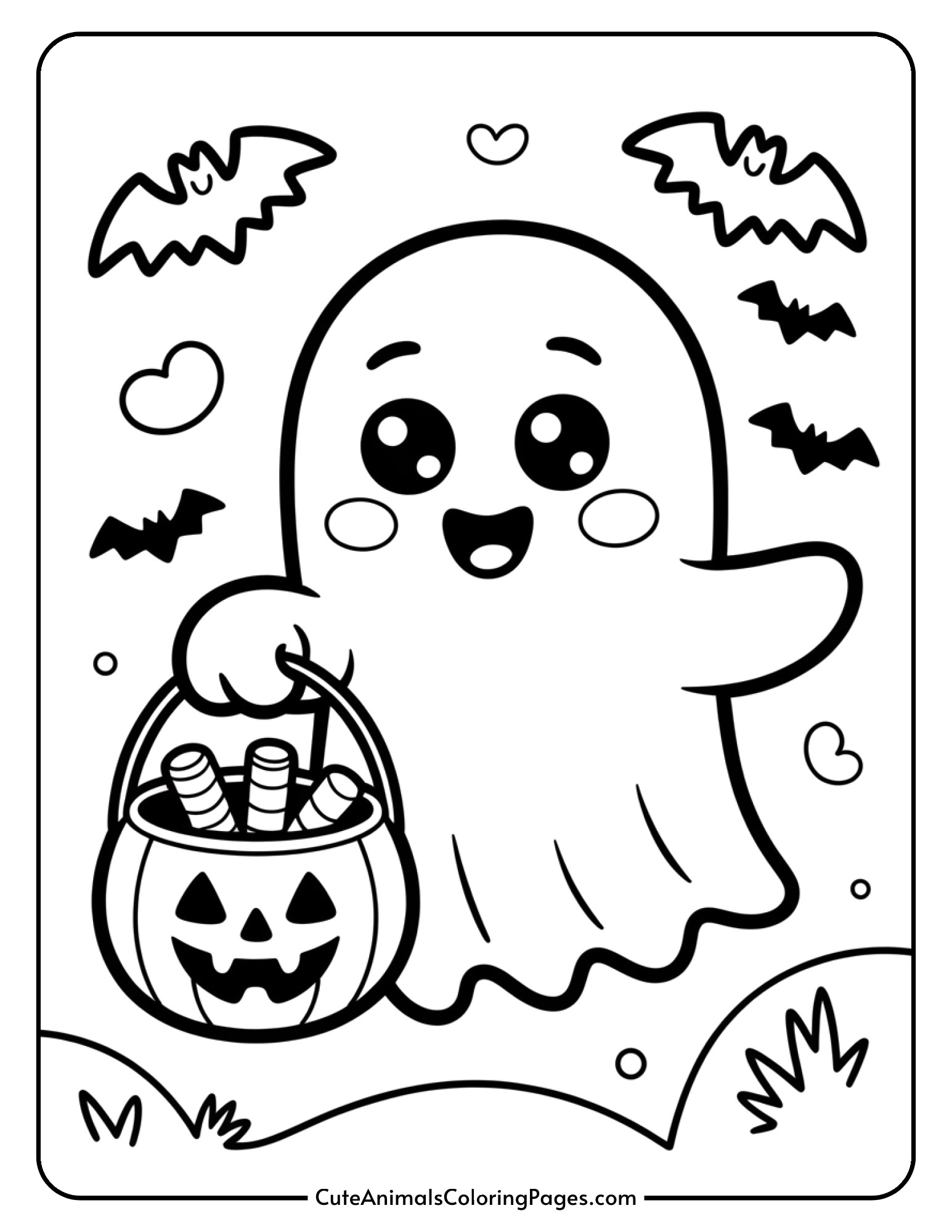 A sweet ghost floats while carrying a bucket overflowing with Halloween candy.