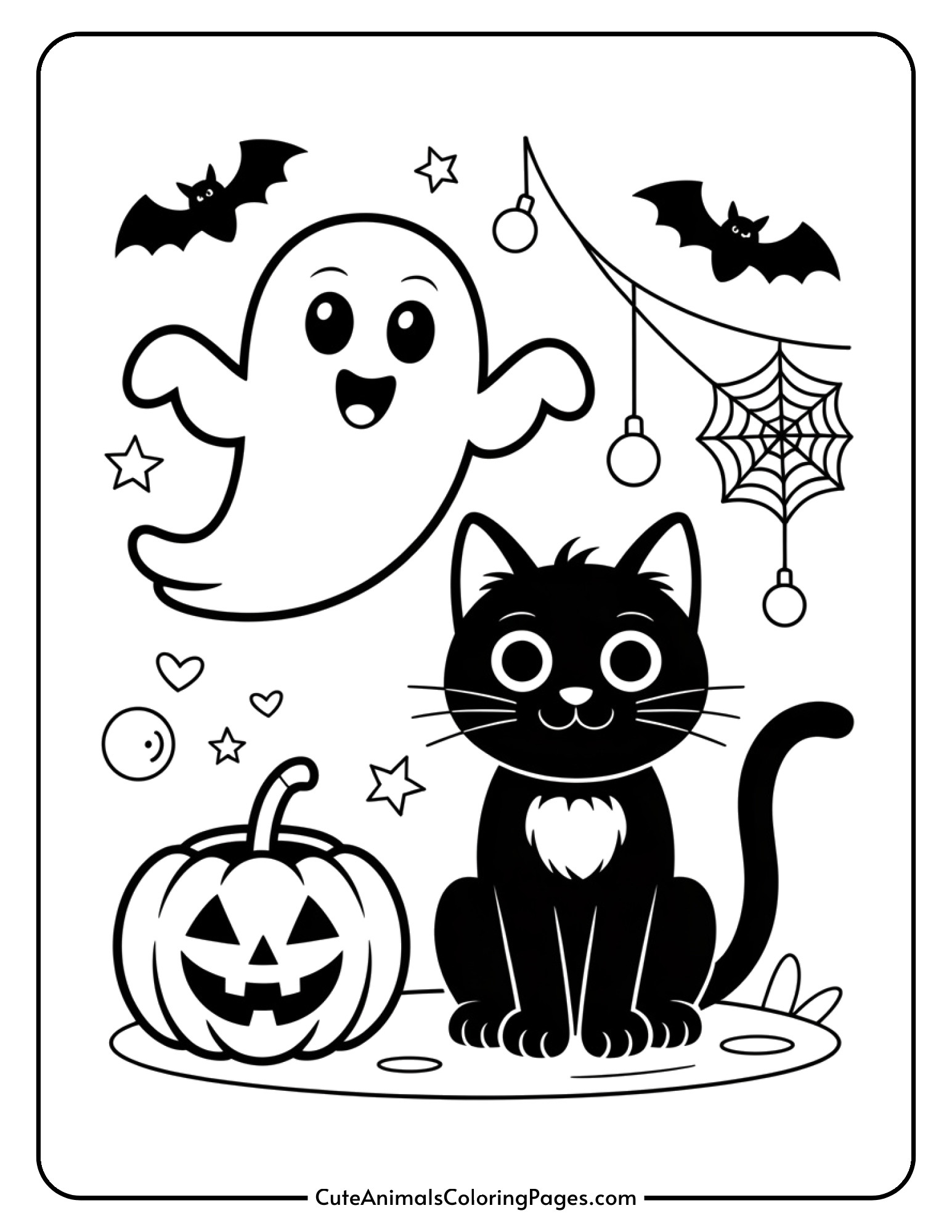 A smiling ghost floats beside a black cat surrounded by Halloween decorations.