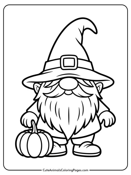 A cheerful gnome wearing a classic witch hat stands beside a pumpkin ready to color.