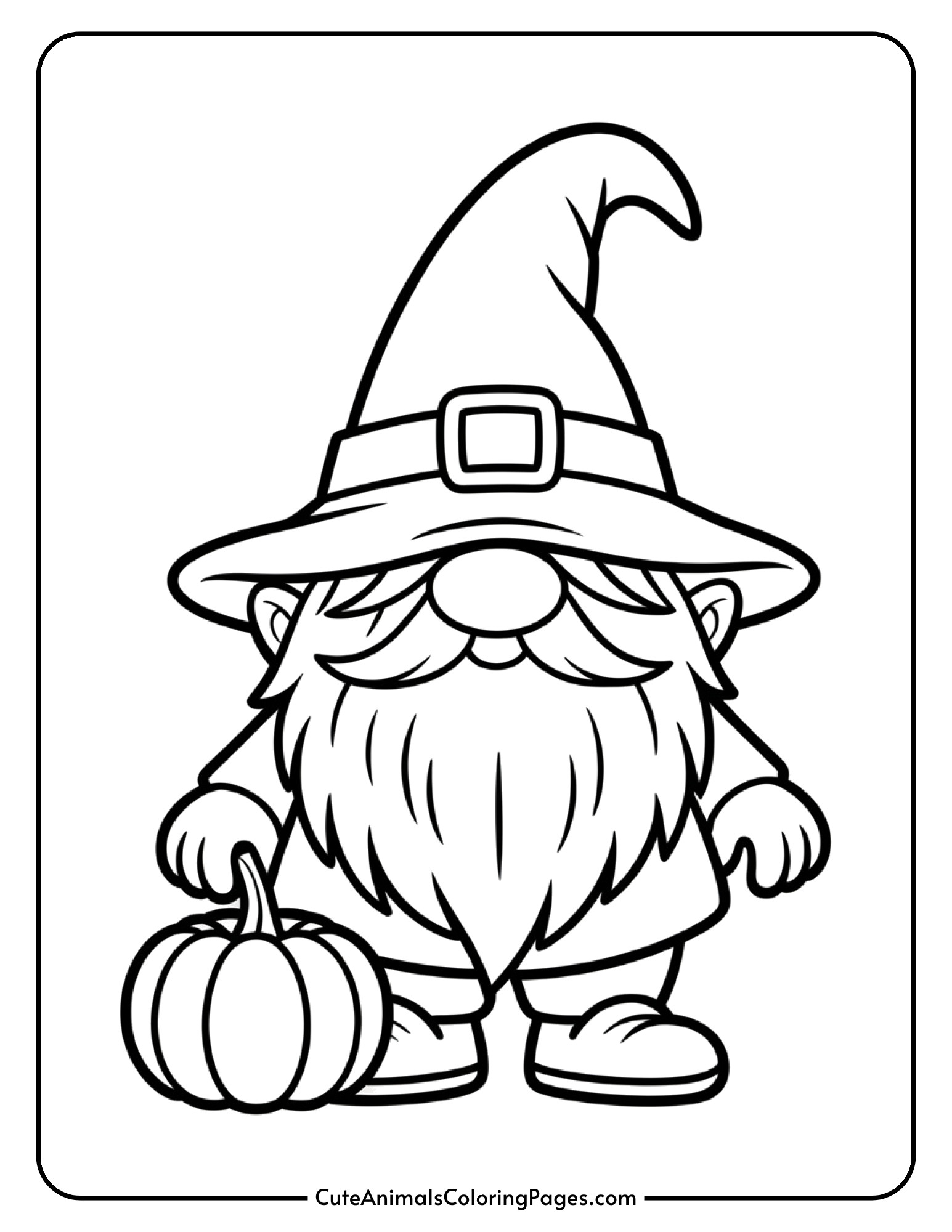 A cheerful gnome wearing a classic witch hat stands beside a pumpkin ready to color.