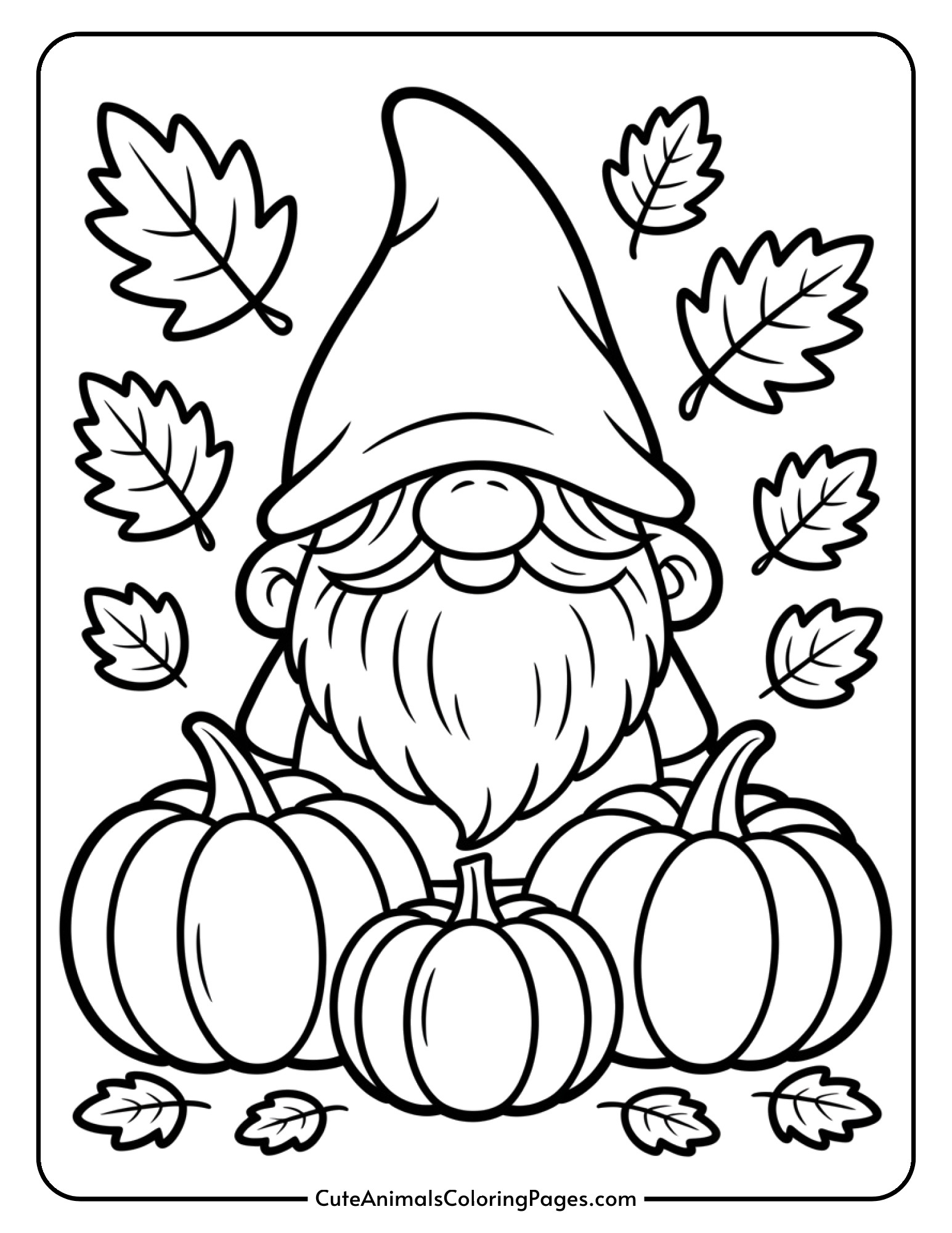 A happy gnome sits among various sized pumpkins with fall leaves decorating the scene.