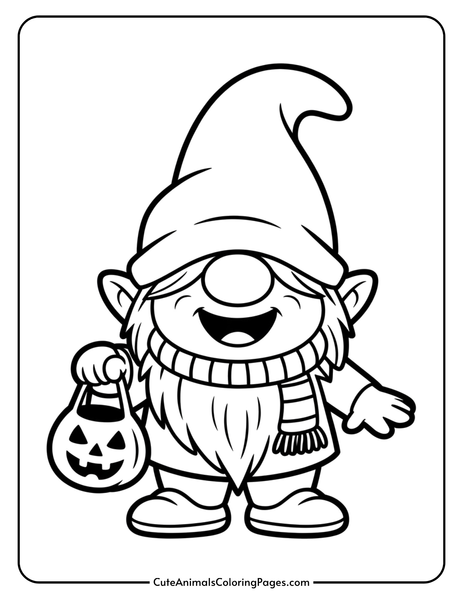A gnome clutches a treat bag with an excited expression, ready for Halloween festivities.