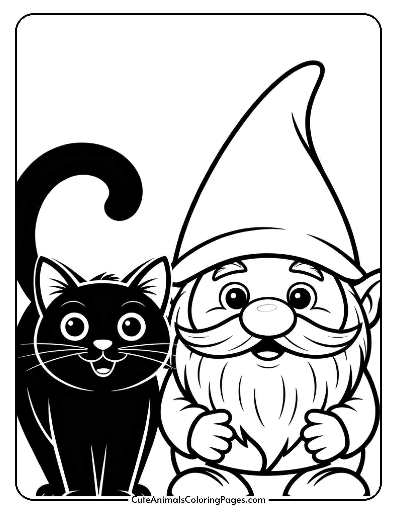 A cheerful gnome poses beside a friendly black cat in this Halloween-themed illustration.