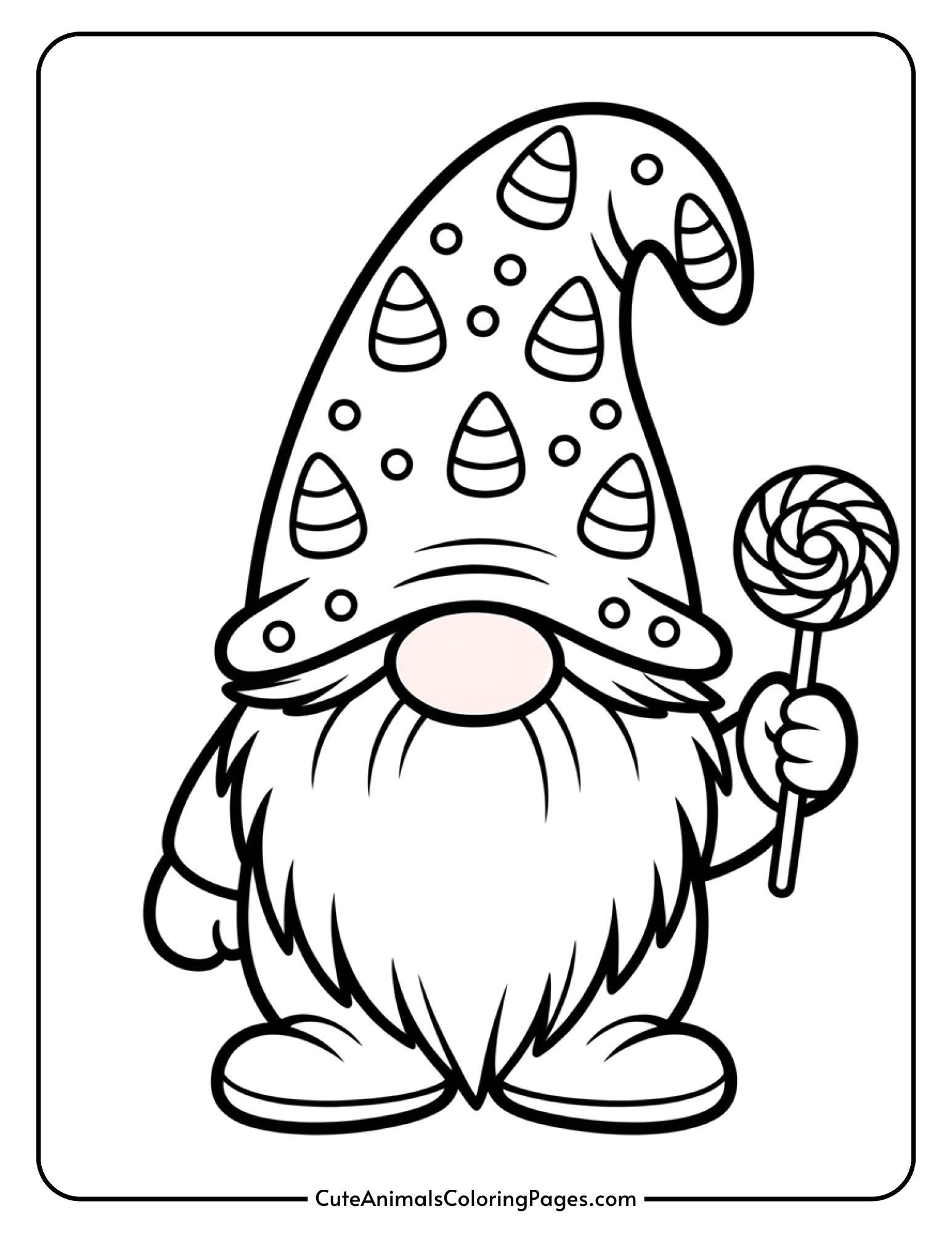 A gnome sports a candy corn patterned hat and holds a swirly lollipop.