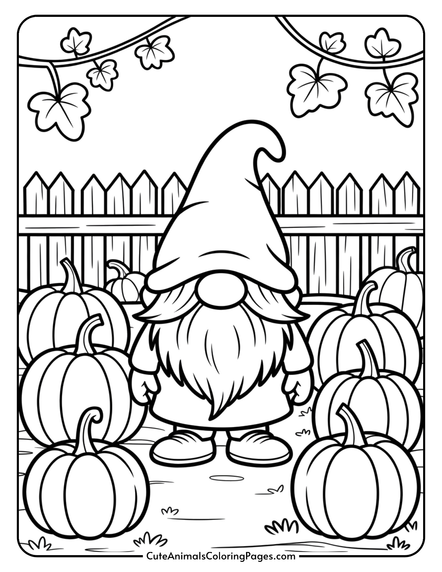 A gnome stands in a detailed pumpkin patch complete with vines and a rustic fence.