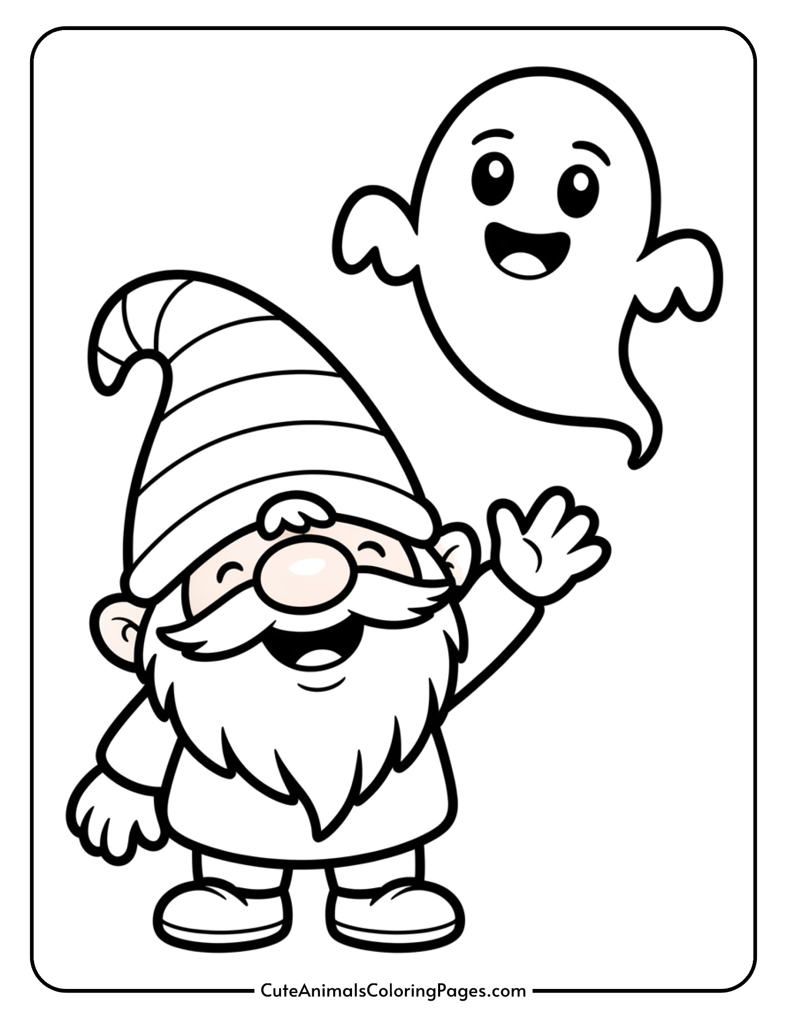 A gnome waves hello to a friendly smiling ghost in this not-scary Halloween scene.