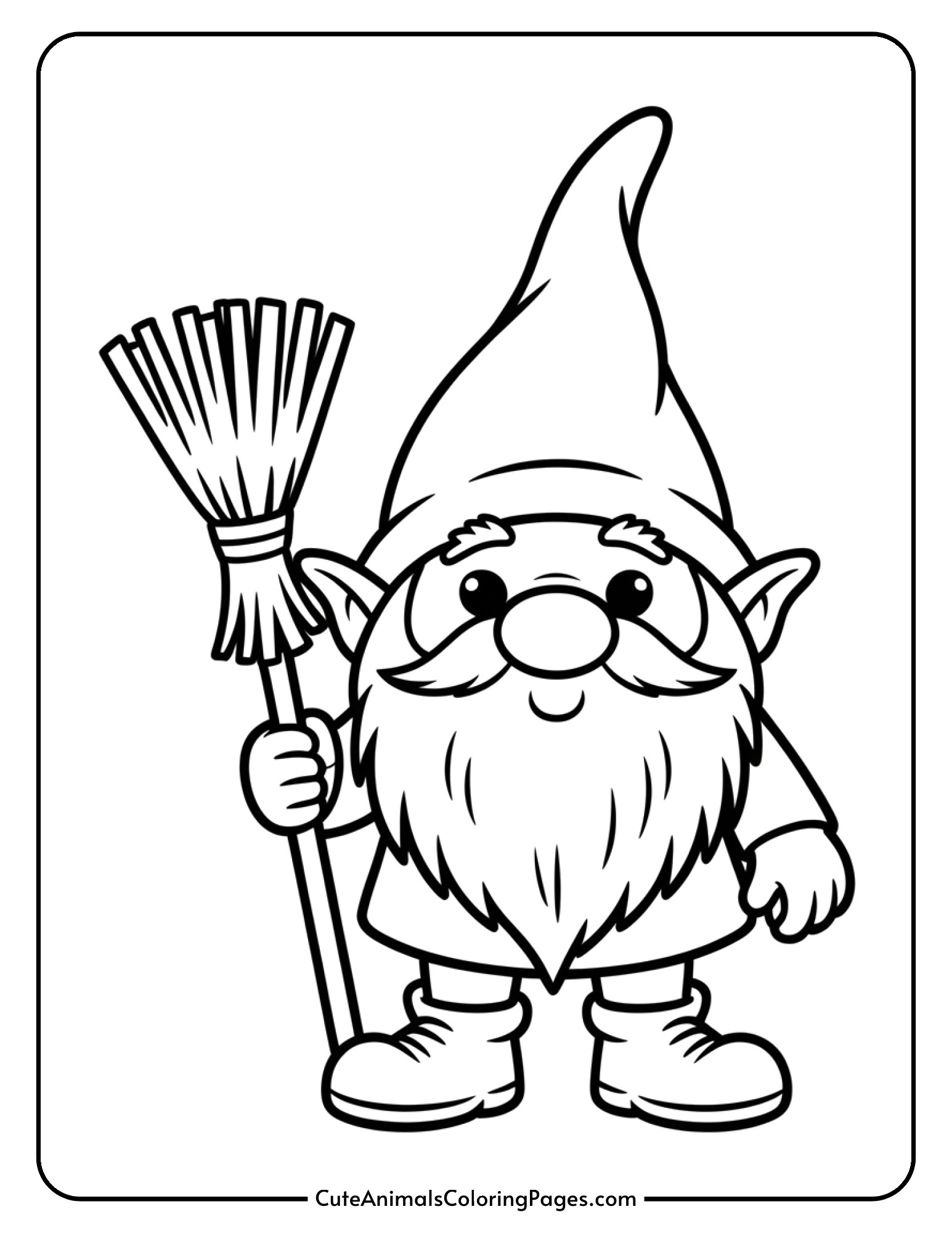 A gnome grasps a miniature broom, dressed in a pointed hat and sturdy boots.